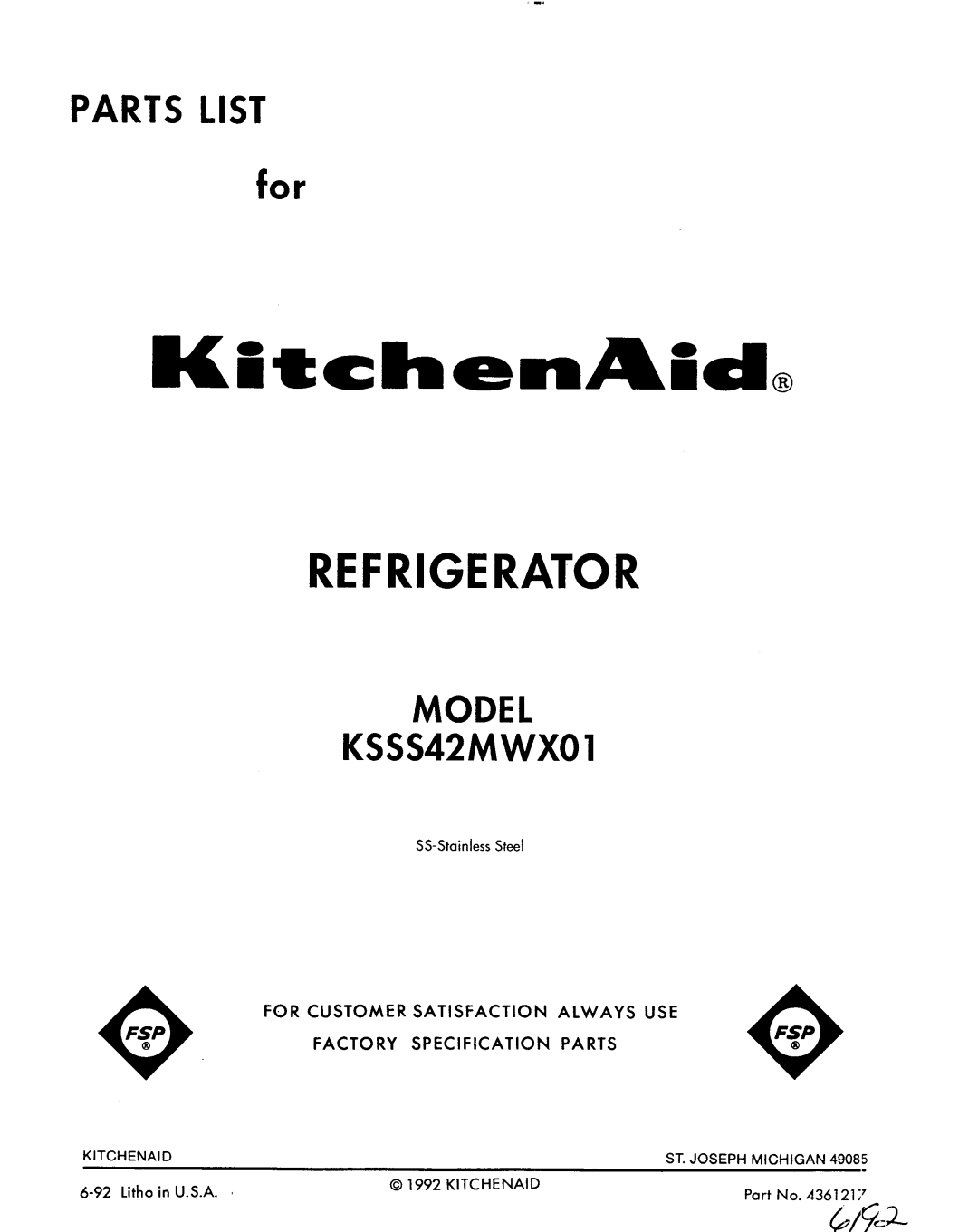 KitchenAid KSSS42MWX01 manual 