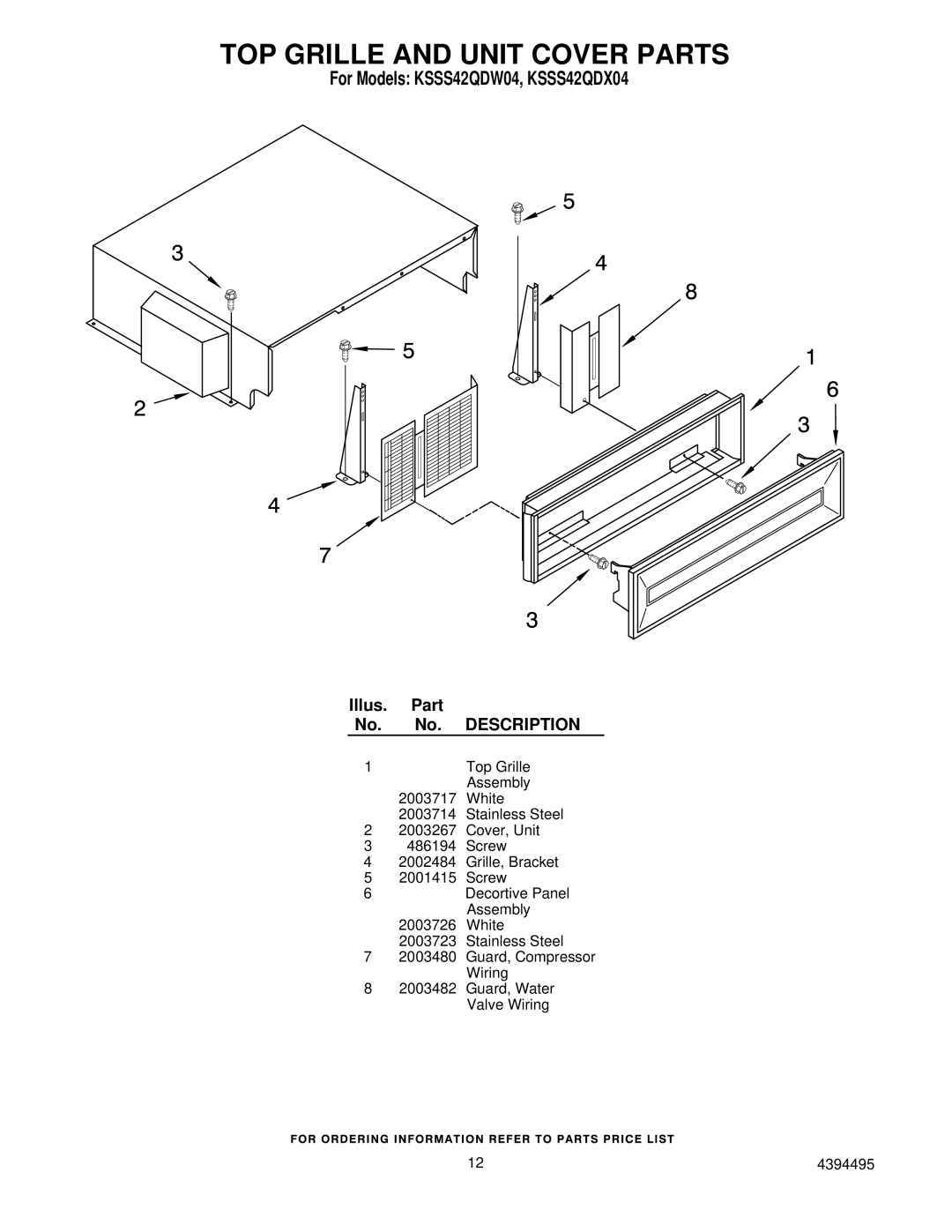 KitchenAid KSSS42QDW04, KSSS42QDX04 manual TOP Grille and Unit Cover Parts 