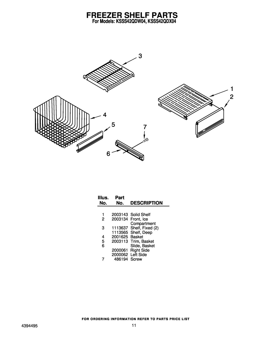 KitchenAid manual Freezer Shelf Parts, For Models KSSS42QDW04, KSSS42QDX04, Illus. Part No. No. DESCRIPTION 