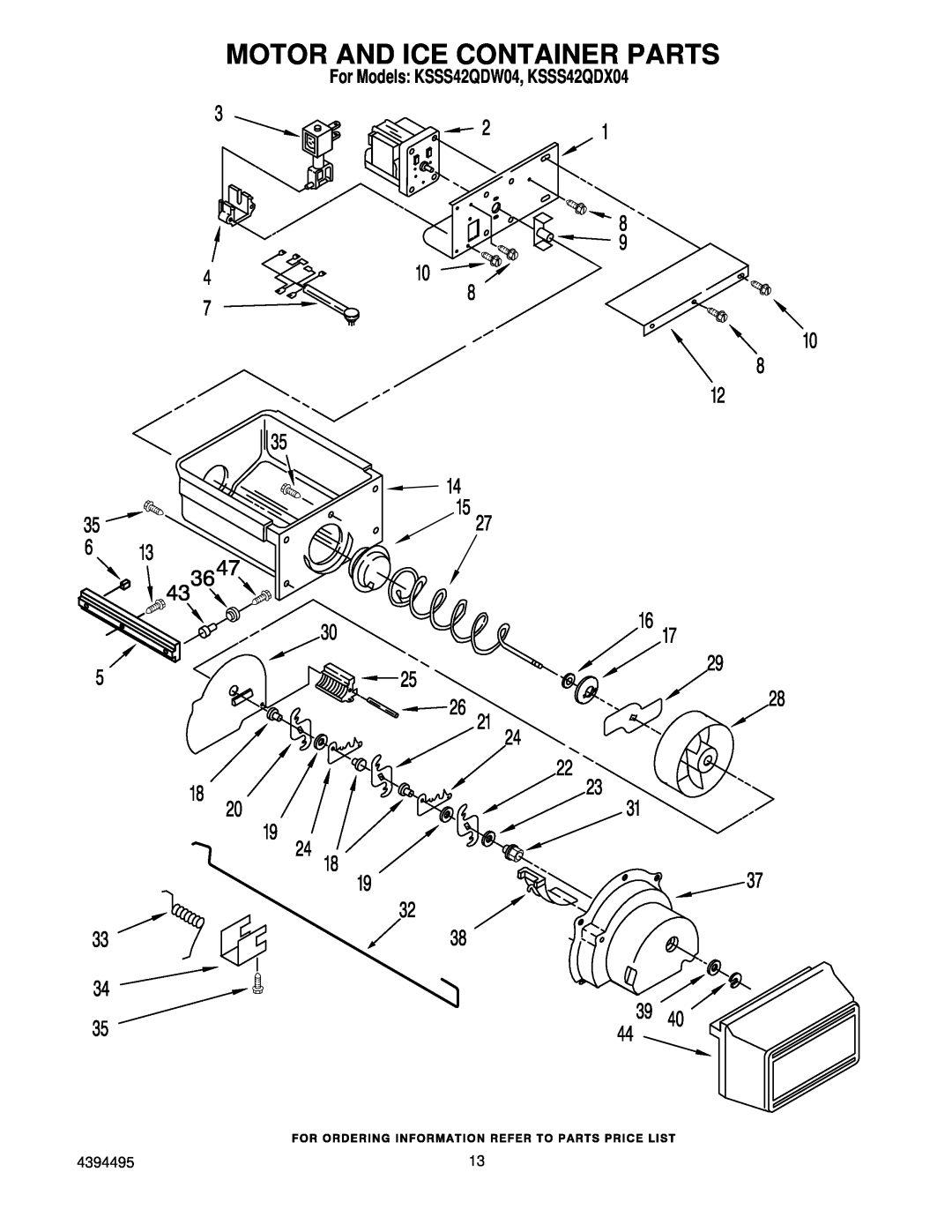 KitchenAid manual Motor And Ice Container Parts, For Models KSSS42QDW04, KSSS42QDX04 