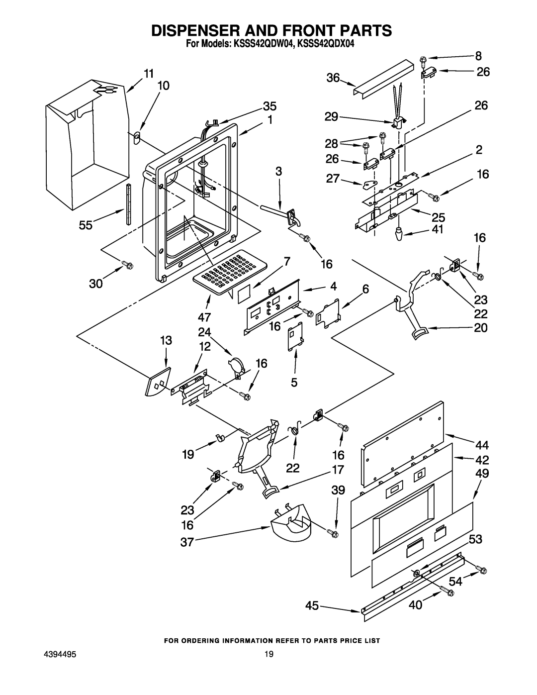 KitchenAid manual Dispenser And Front Parts, For Models KSSS42QDW04, KSSS42QDX04 