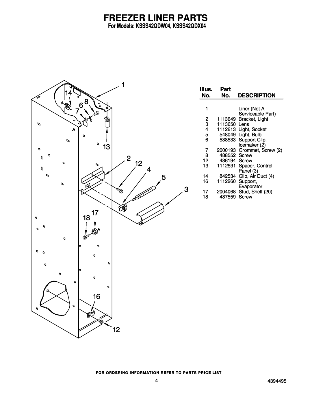 KitchenAid manual Freezer Liner Parts, For Models KSSS42QDW04, KSSS42QDX04, Illus, Description 