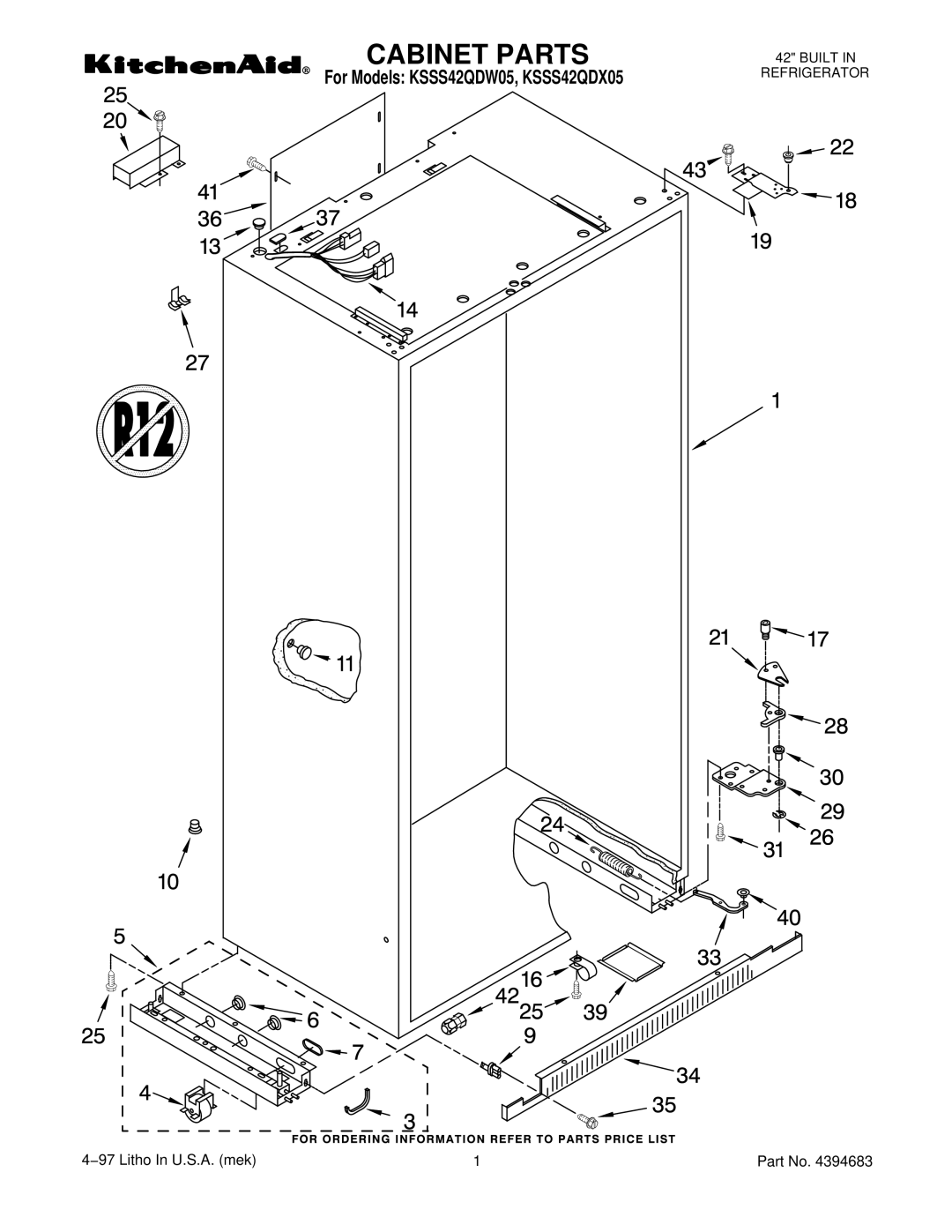 KitchenAid KSSS42QDW05, KSSS42QDX05 manual Cabinet Parts 