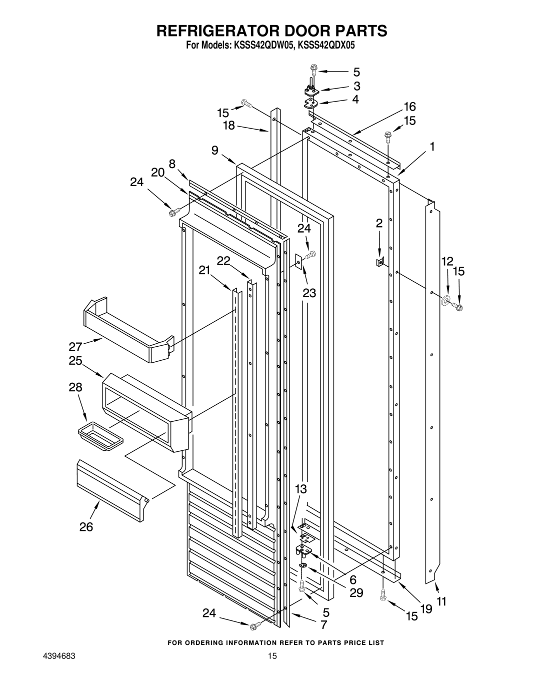 KitchenAid KSSS42QDW05, KSSS42QDX05 manual Refrigerator Door Parts 