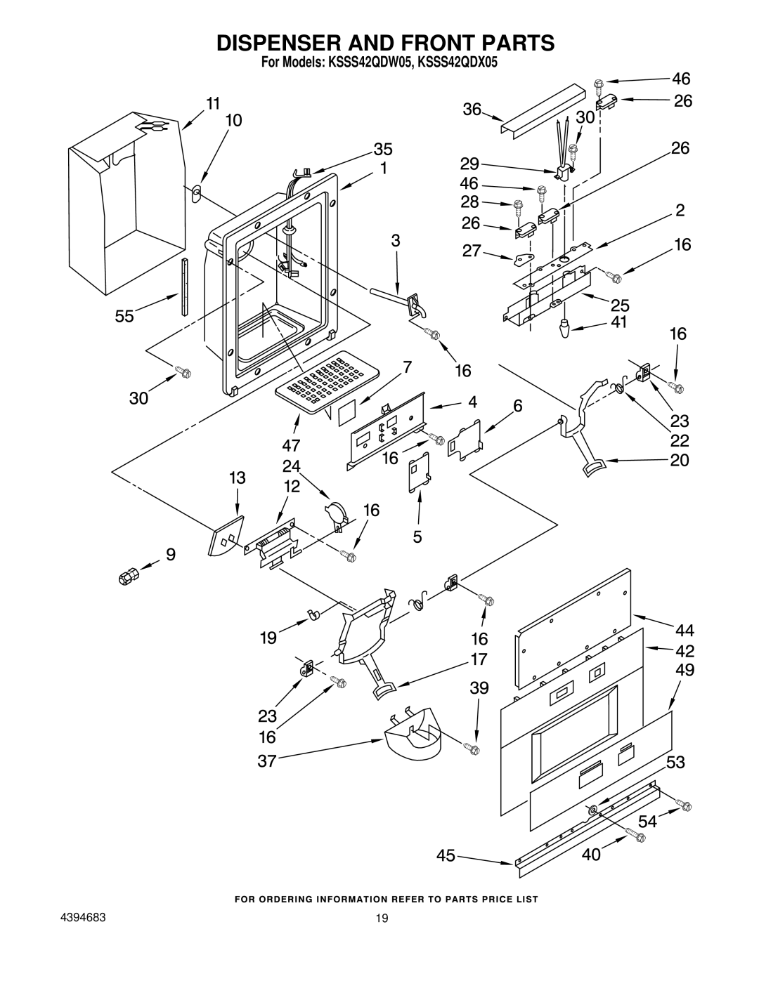 KitchenAid KSSS42QDW05, KSSS42QDX05 manual Dispenser and Front Parts 