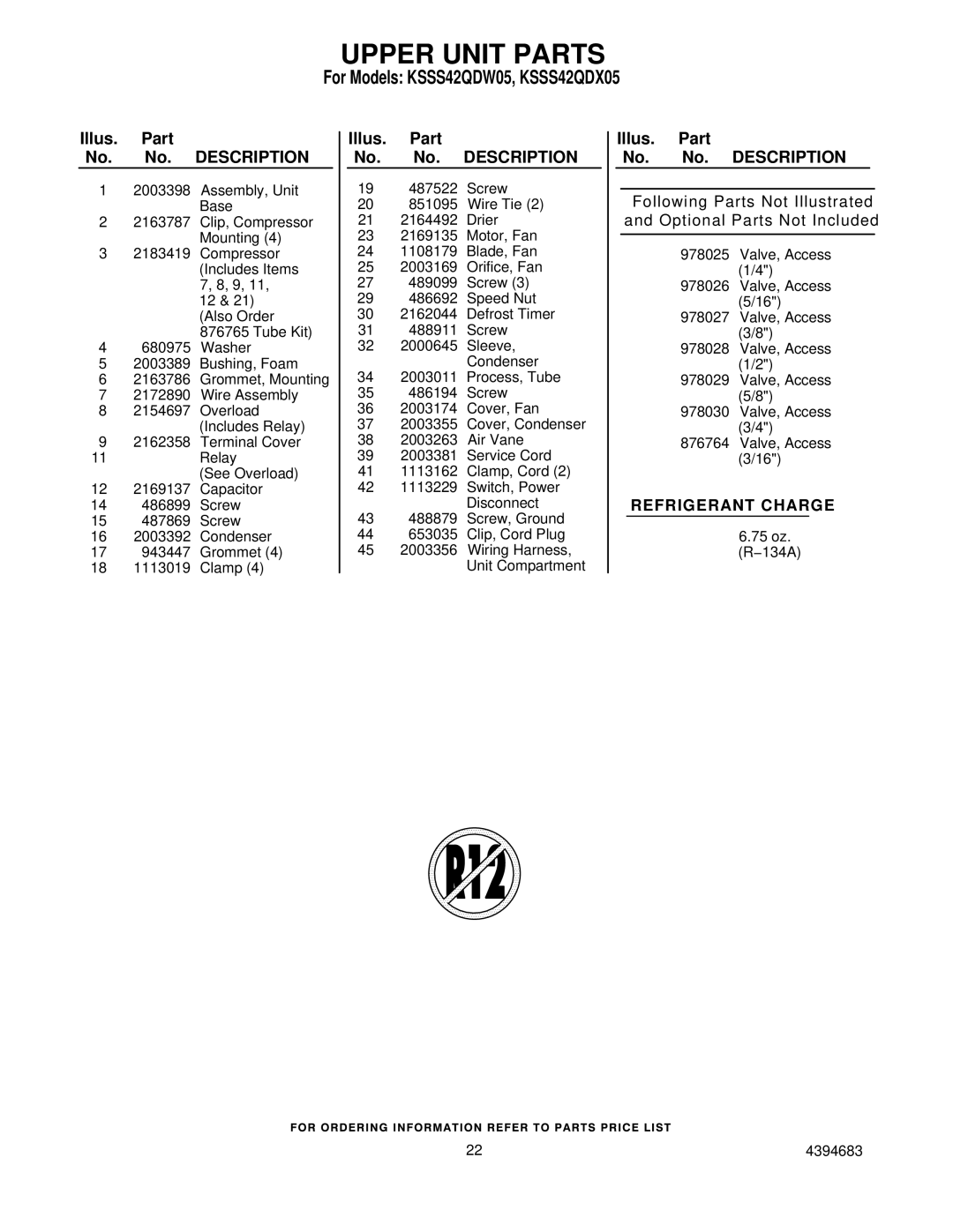 KitchenAid KSSS42QDX05, KSSS42QDW05 manual Refrigerant Charge 