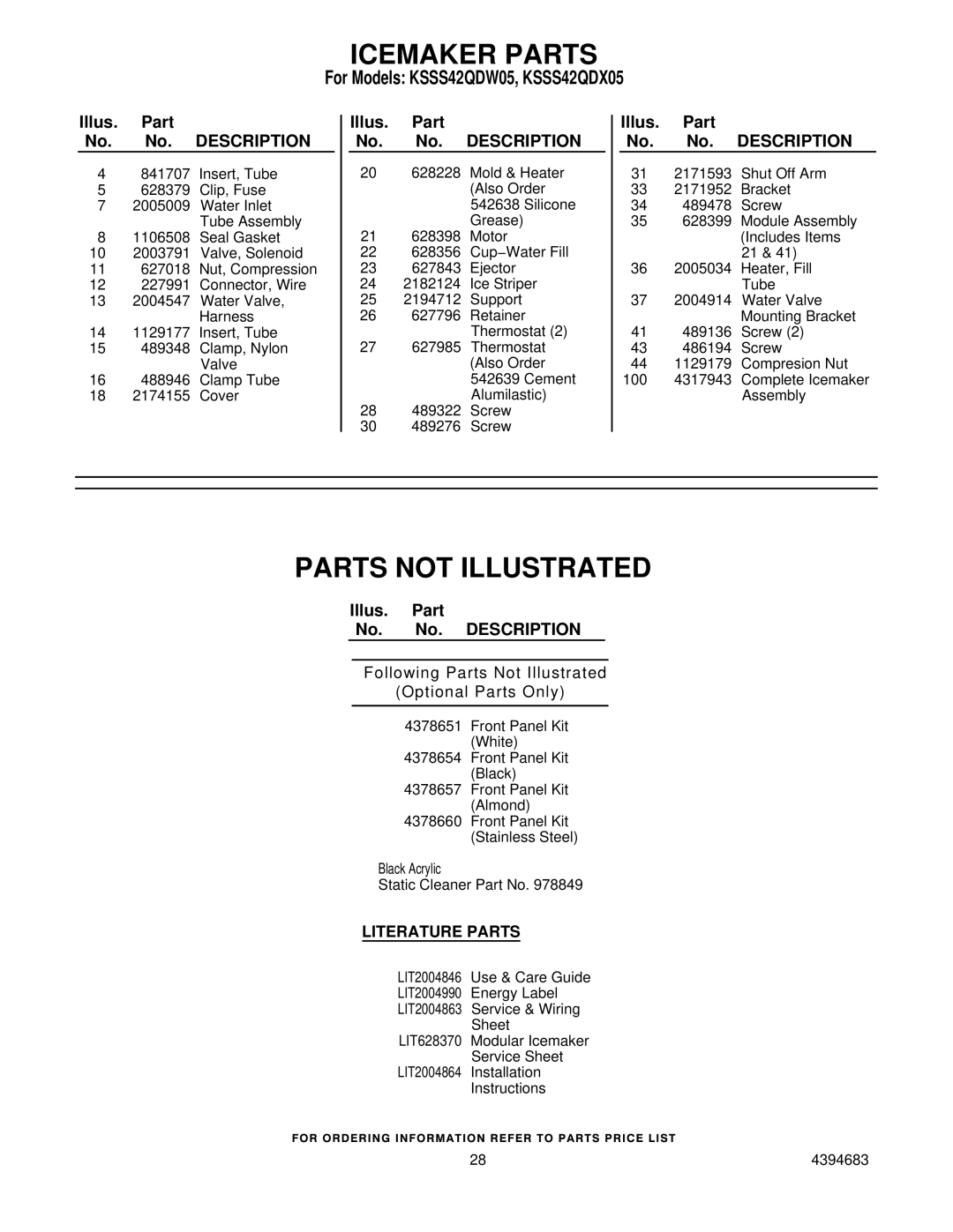 KitchenAid KSSS42QDX05, KSSS42QDW05 manual Icemaker Parts, Parts not Illustrated 