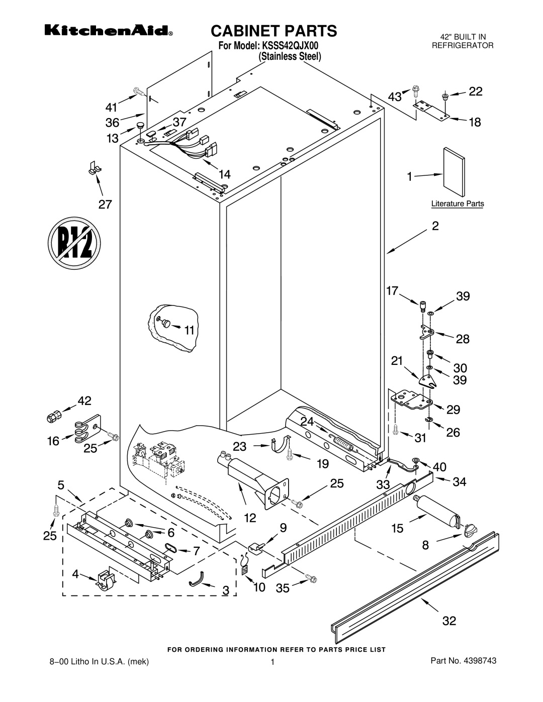 KitchenAid KSSS42QJX00 manual Cabinet Parts 