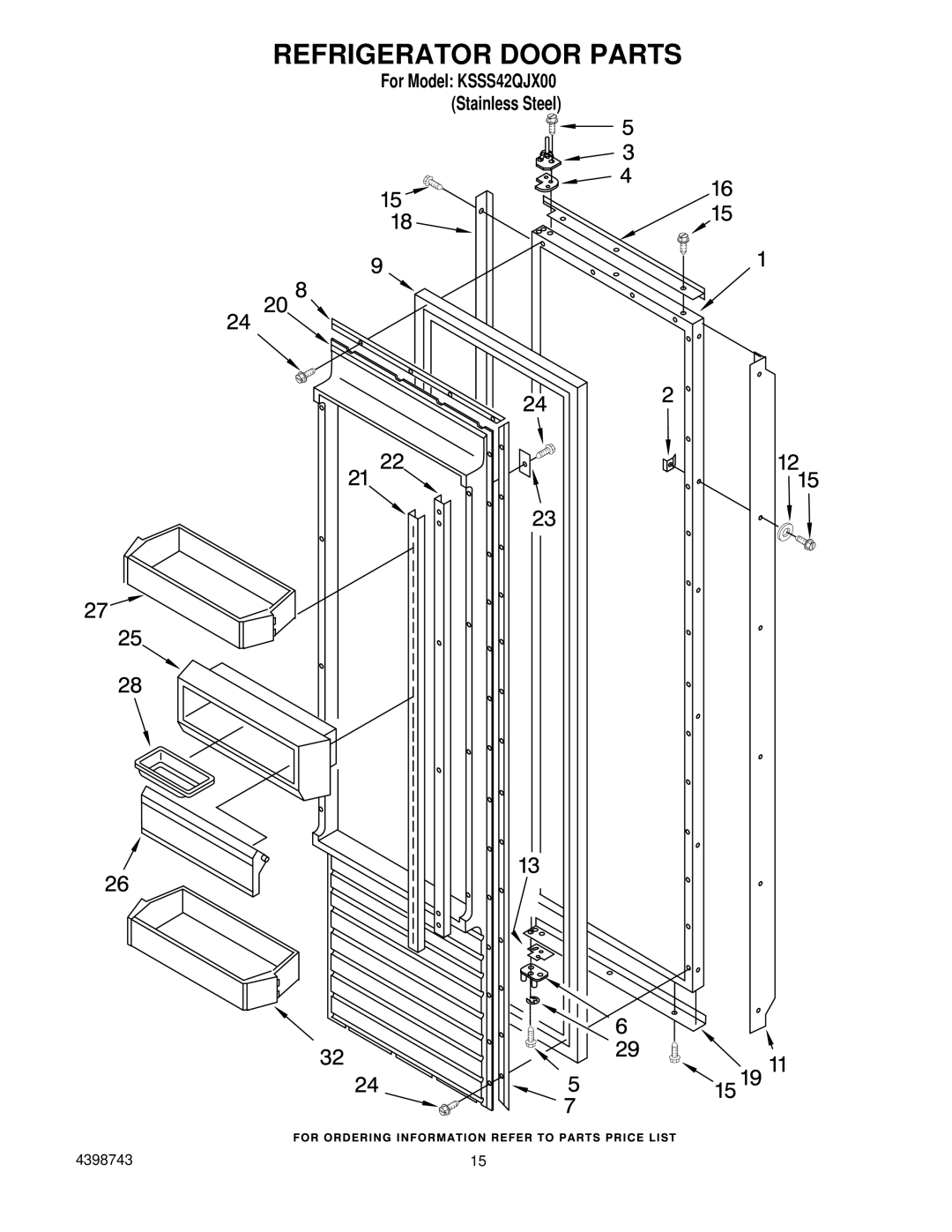 KitchenAid KSSS42QJX00 manual Refrigerator Door Parts 