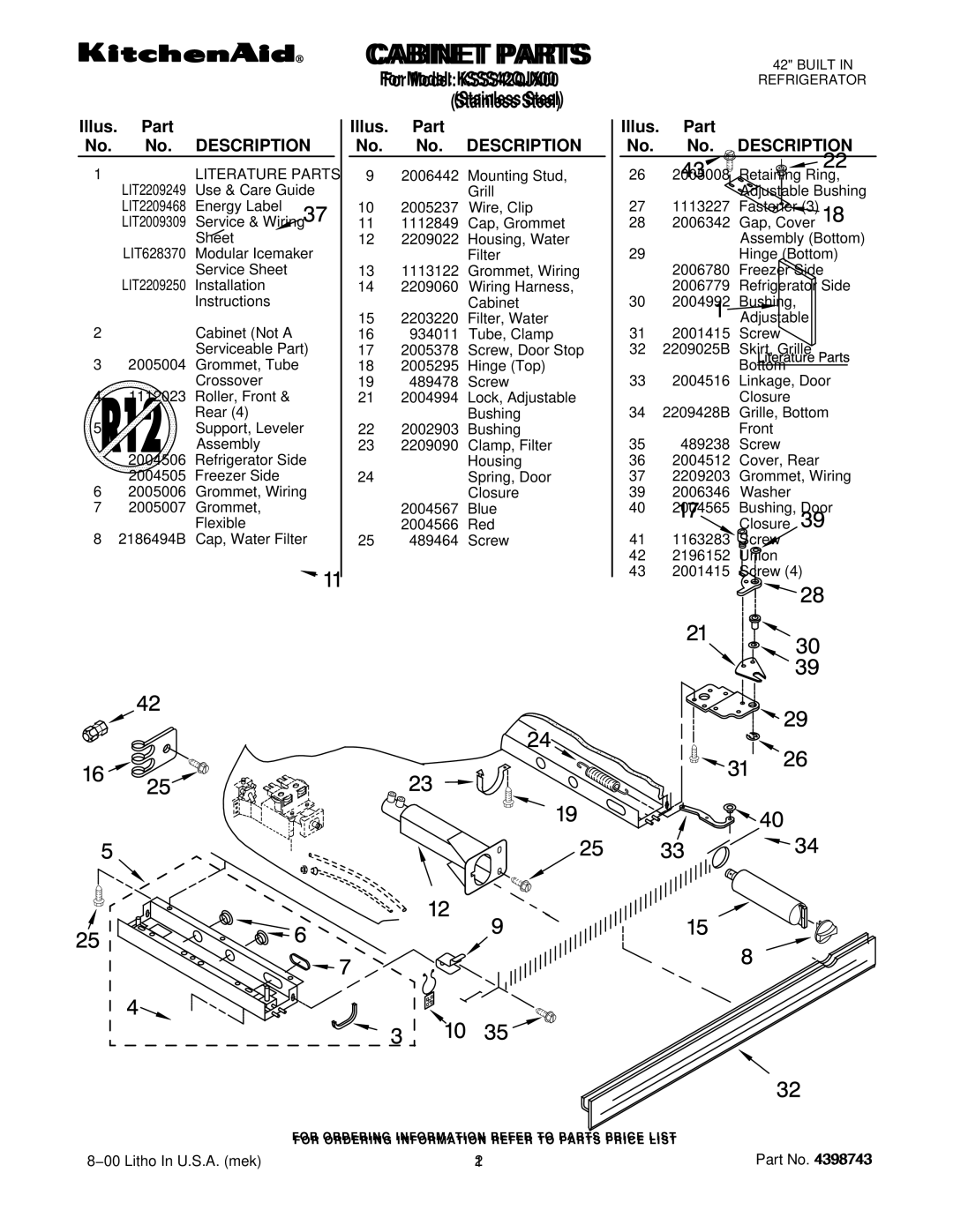 KitchenAid KSSS42QJX00 manual Cabinet Parts, Illus. Part No. No. Description 