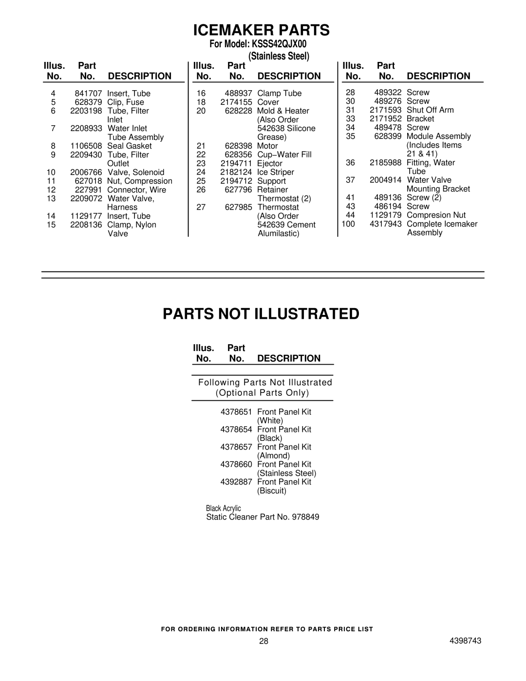 KitchenAid KSSS42QJX00 manual Icemaker Parts, Parts not Illustrated 