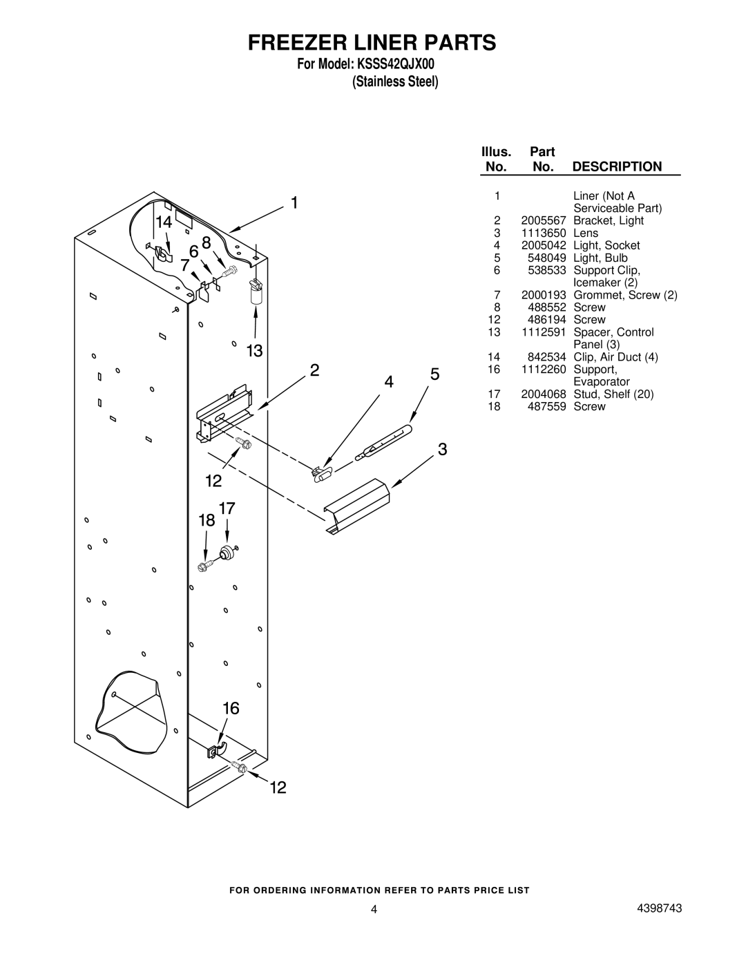 KitchenAid KSSS42QJX00 manual Freezer Liner Parts 