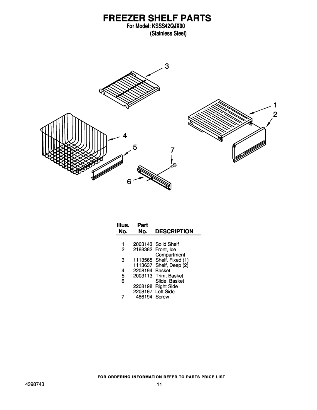 KitchenAid manual Freezer Shelf Parts, For Model KSSS42QJX00 Stainless Steel, Illus. Part No. No. DESCRIPTION 