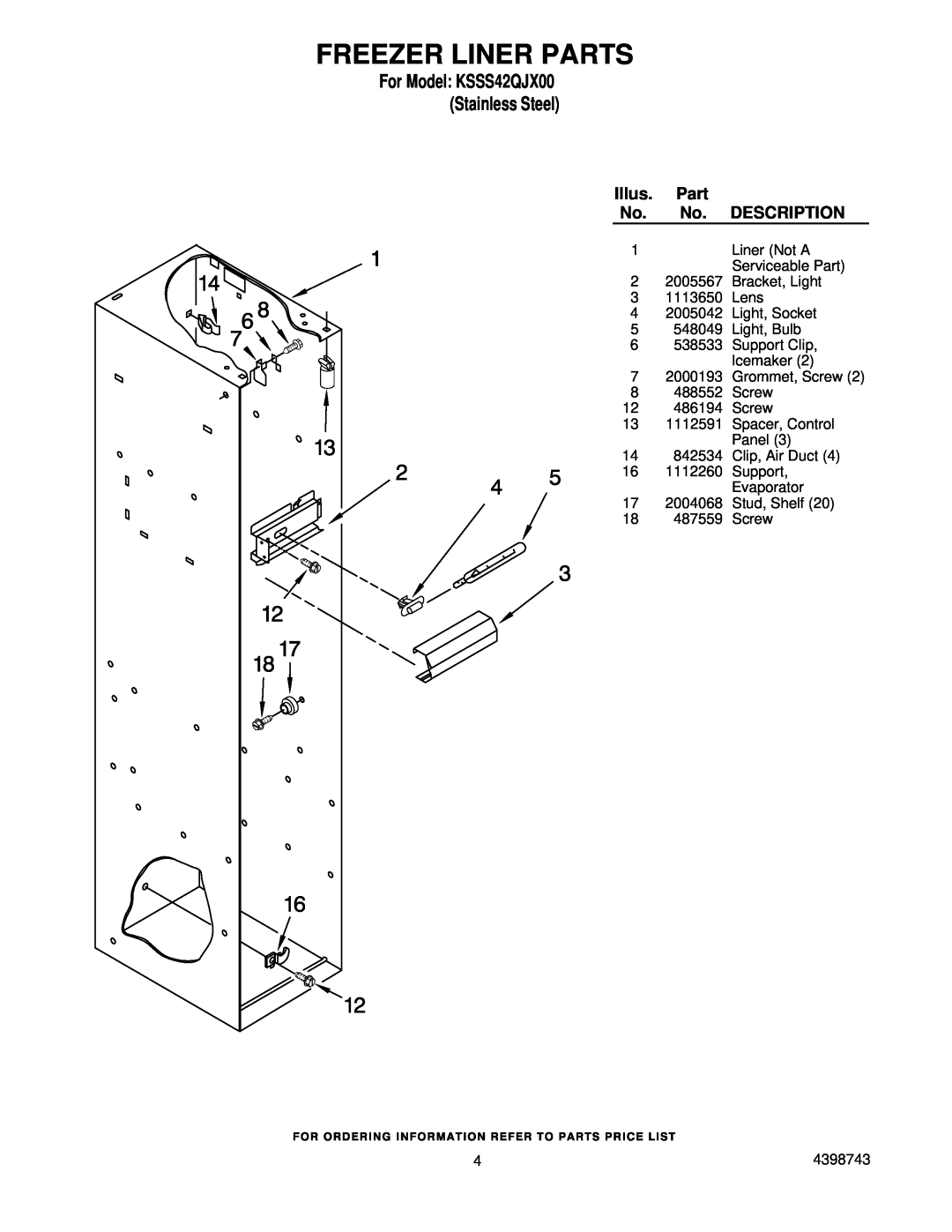KitchenAid manual Freezer Liner Parts, For Model KSSS42QJX00 Stainless Steel, Illus, Description 