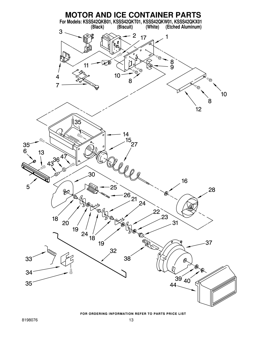 KitchenAid KSSS42QKT01, KSSS42QKW01, KSSS42QKB01, KSSS42QKX01 manual Motor and ICE Container Parts 