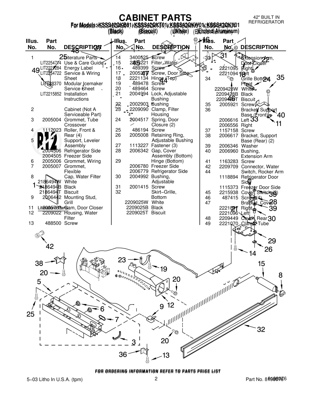 KitchenAid KSSS42QKB01, KSSS42QKW01, KSSS42QKT01, KSSS42QKX01 manual Illus. Part No. No. Description 