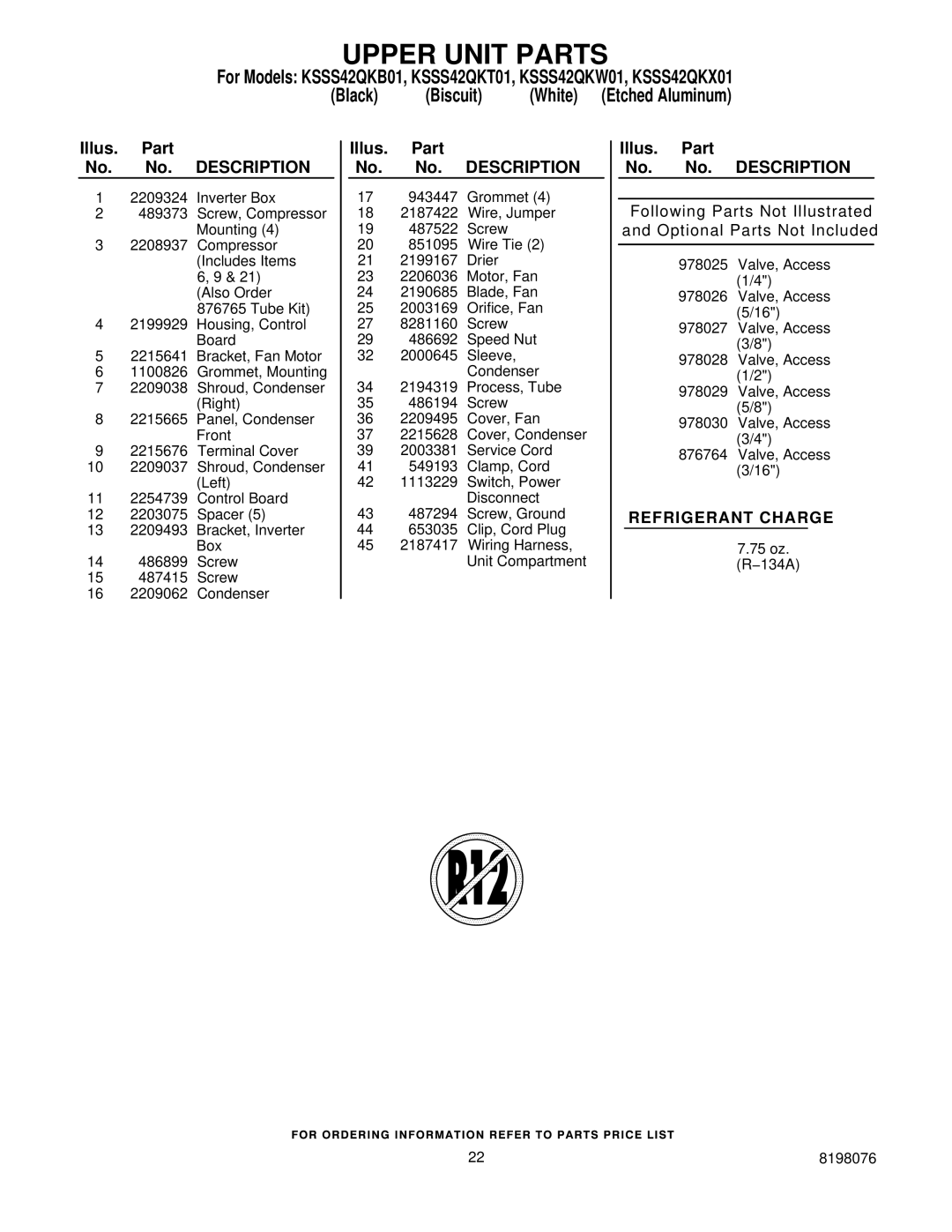 KitchenAid KSSS42QKB01, KSSS42QKW01, KSSS42QKT01, KSSS42QKX01 manual Upper Unit Parts 