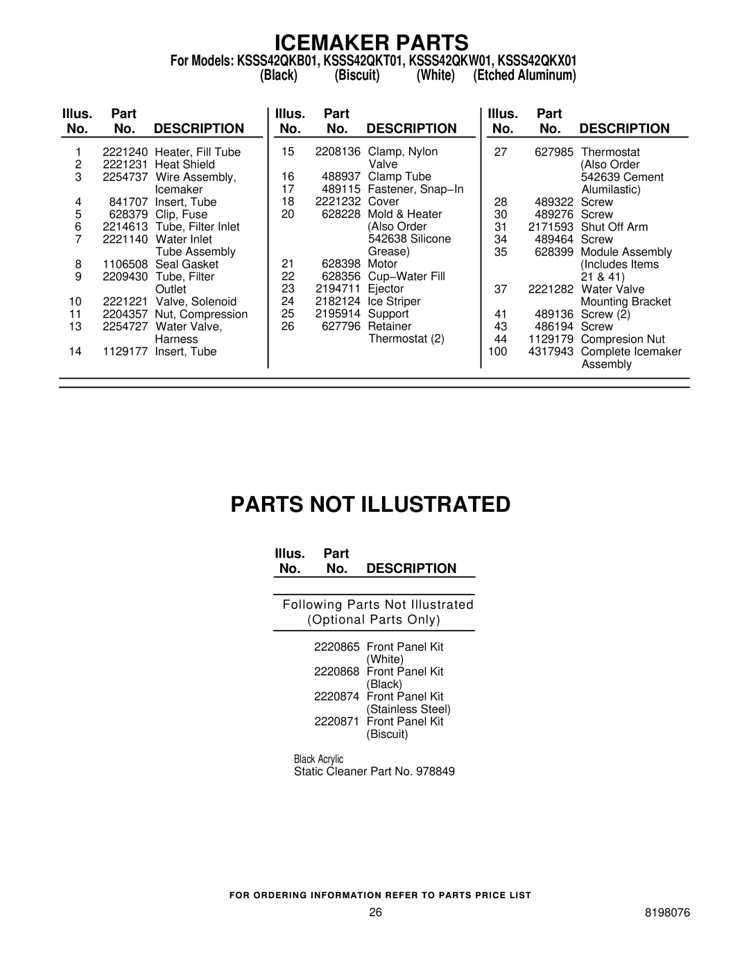 KitchenAid KSSS42QKB01, KSSS42QKW01, KSSS42QKT01 Parts not Illustrated, Following Parts Not Illustrated Optional Parts Only 