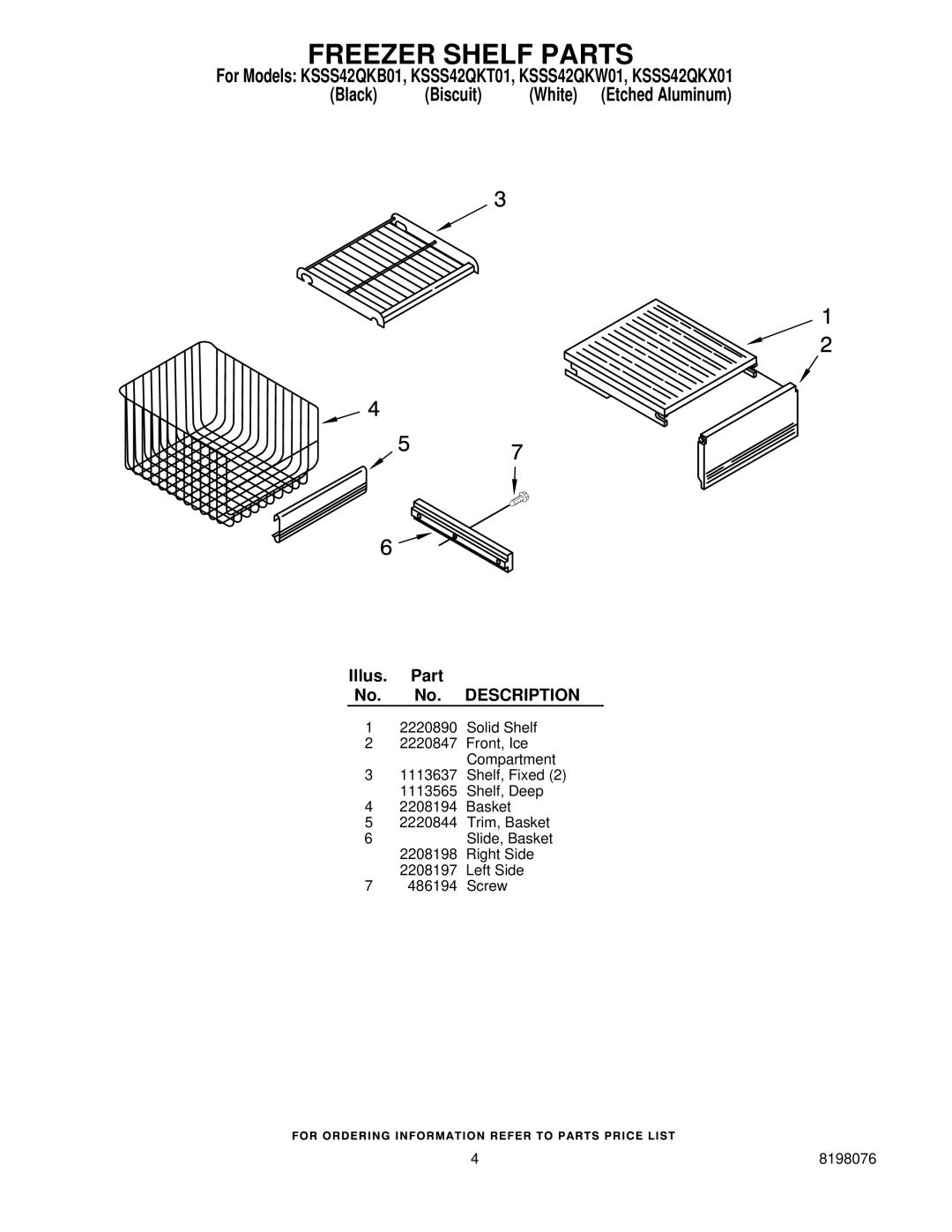 KitchenAid KSSS42QKW01, KSSS42QKT01, KSSS42QKB01, KSSS42QKX01 manual Freezer Shelf Parts 