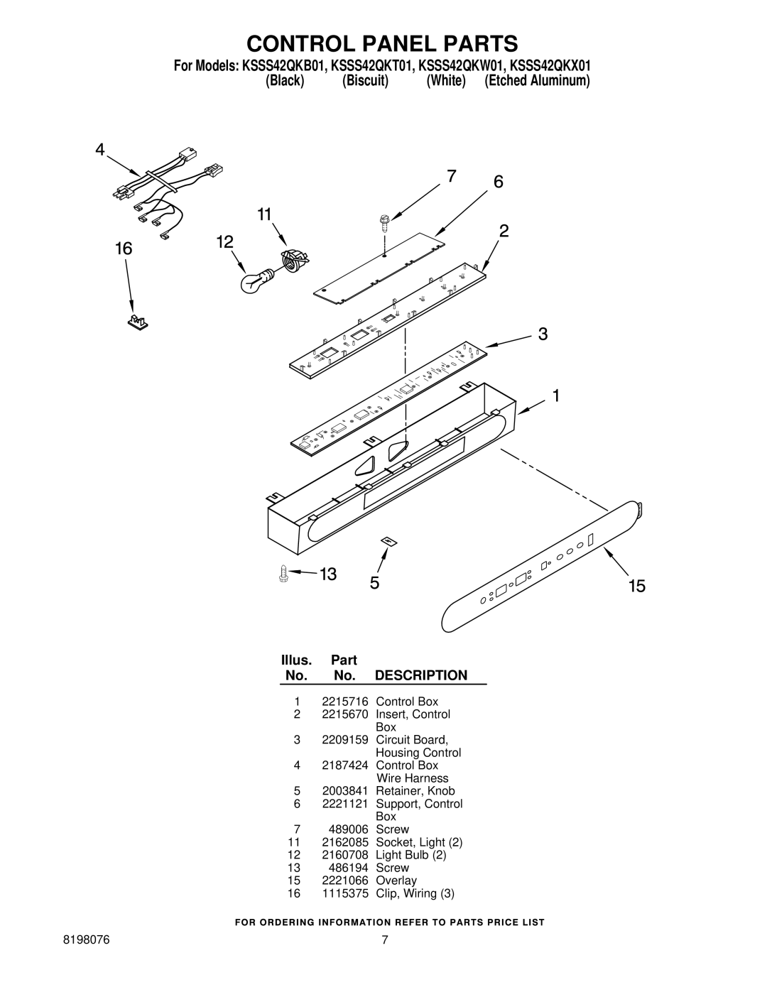 KitchenAid KSSS42QKX01, KSSS42QKW01, KSSS42QKT01, KSSS42QKB01 manual Control Panel Parts 