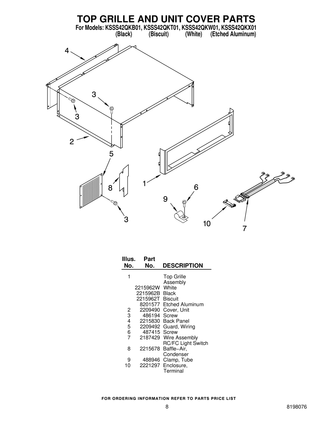 KitchenAid KSSS42QKW01, KSSS42QKT01, KSSS42QKB01, KSSS42QKX01 manual TOP Grille and Unit Cover Parts 