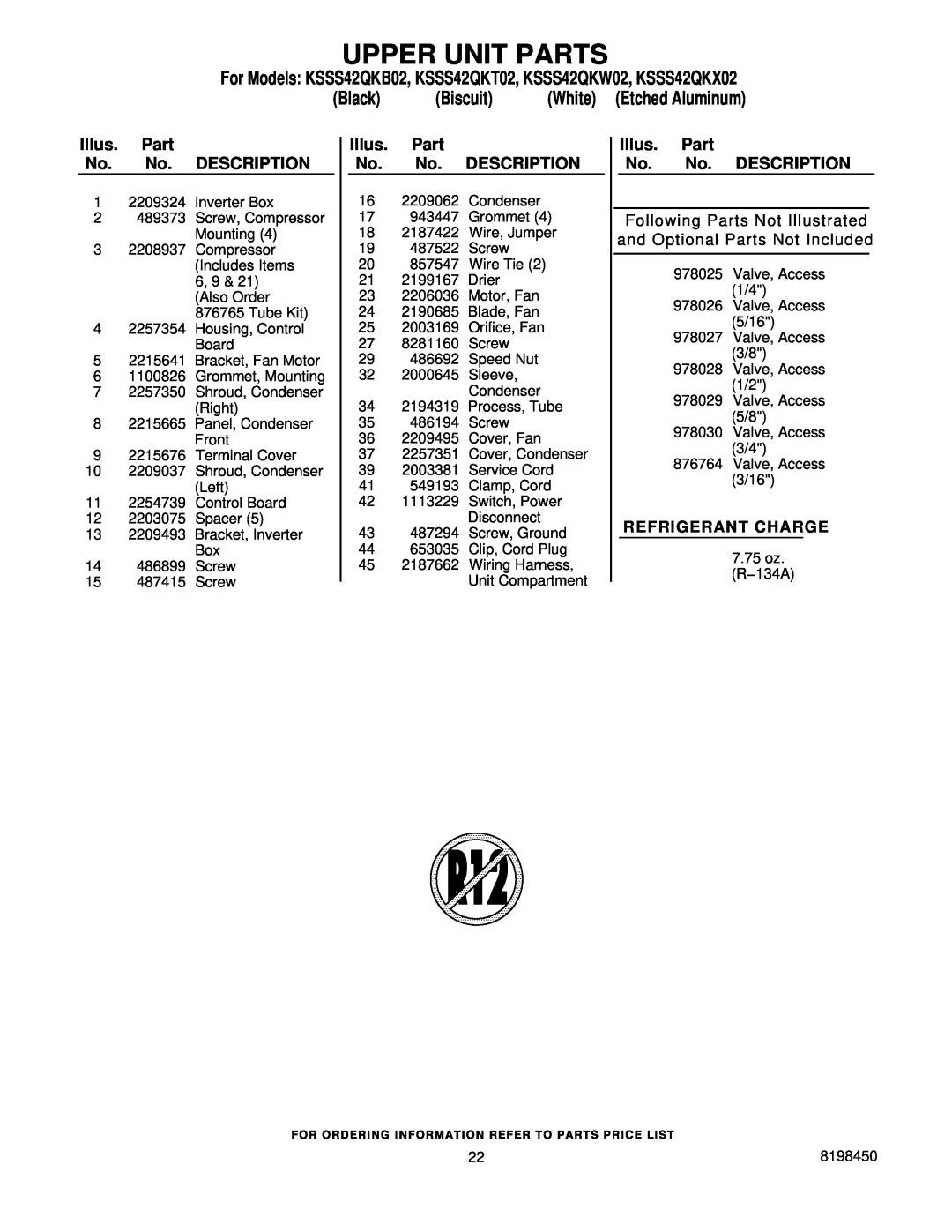 KitchenAid KSSS42QKX02 Upper Unit Parts, Following Parts Not Illustrated and Optional Parts Not Included, Black, Biscuit 