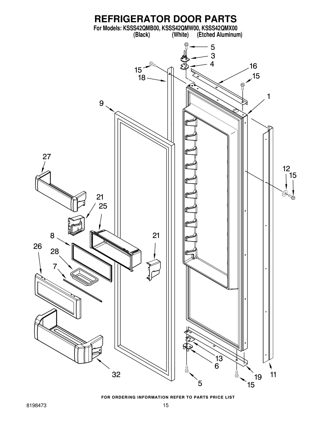 KitchenAid KSSS42QMW00, KSSS42QMB00, KSSS42QMX00 manual Refrigerator Door Parts 