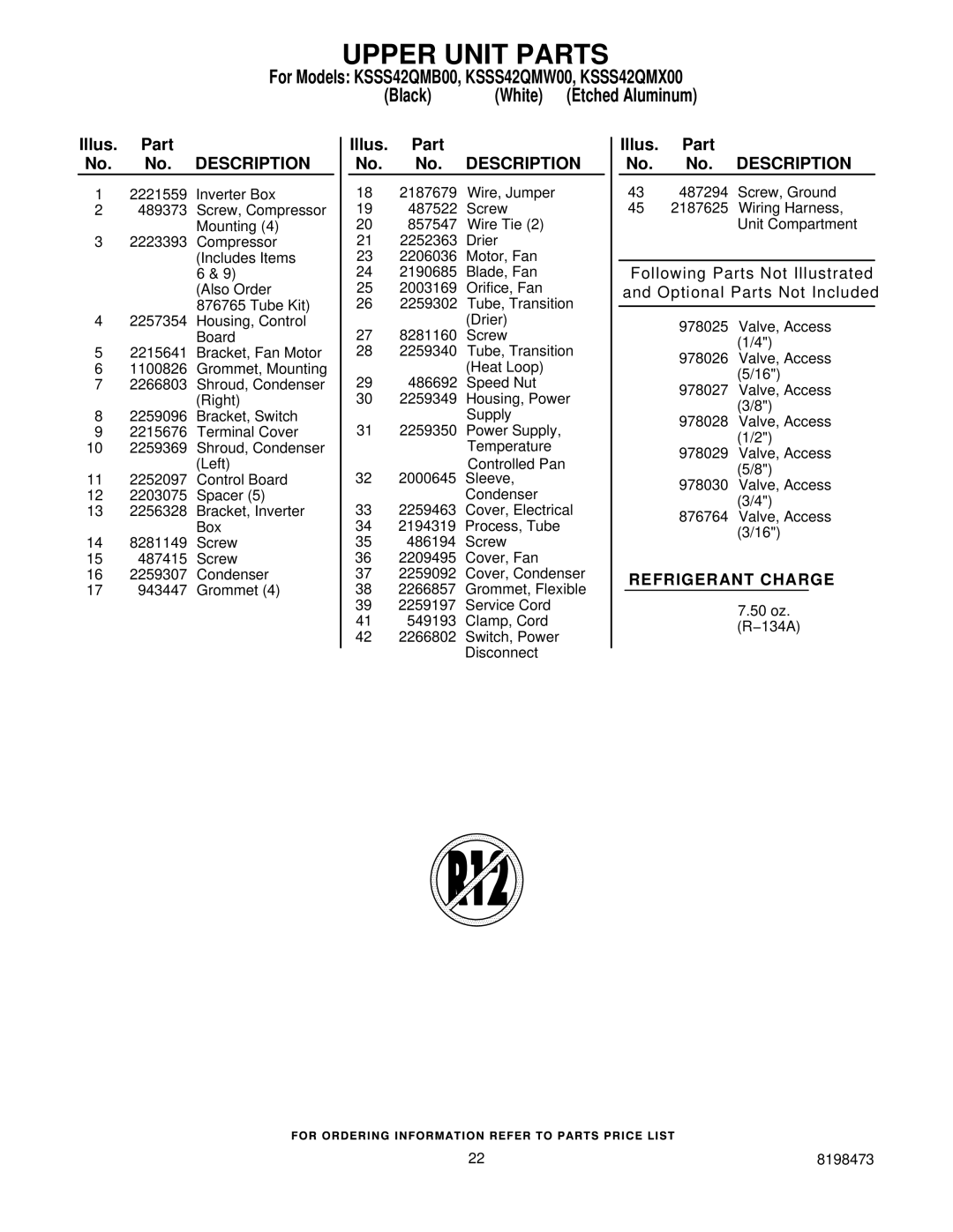 KitchenAid KSSS42QMB00, KSSS42QMW00, KSSS42QMX00 manual Upper Unit Parts 