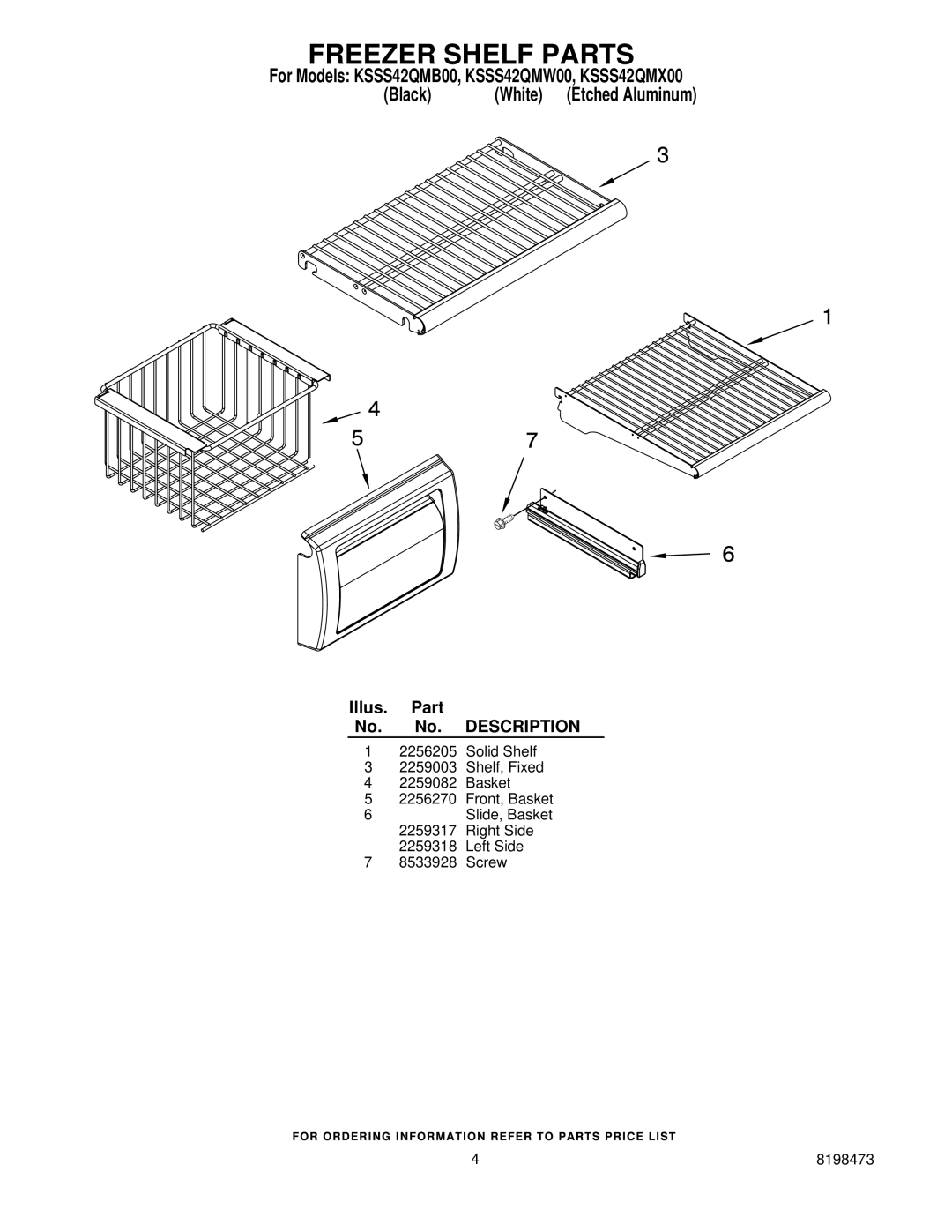 KitchenAid KSSS42QMB00, KSSS42QMW00, KSSS42QMX00 manual Freezer Shelf Parts 