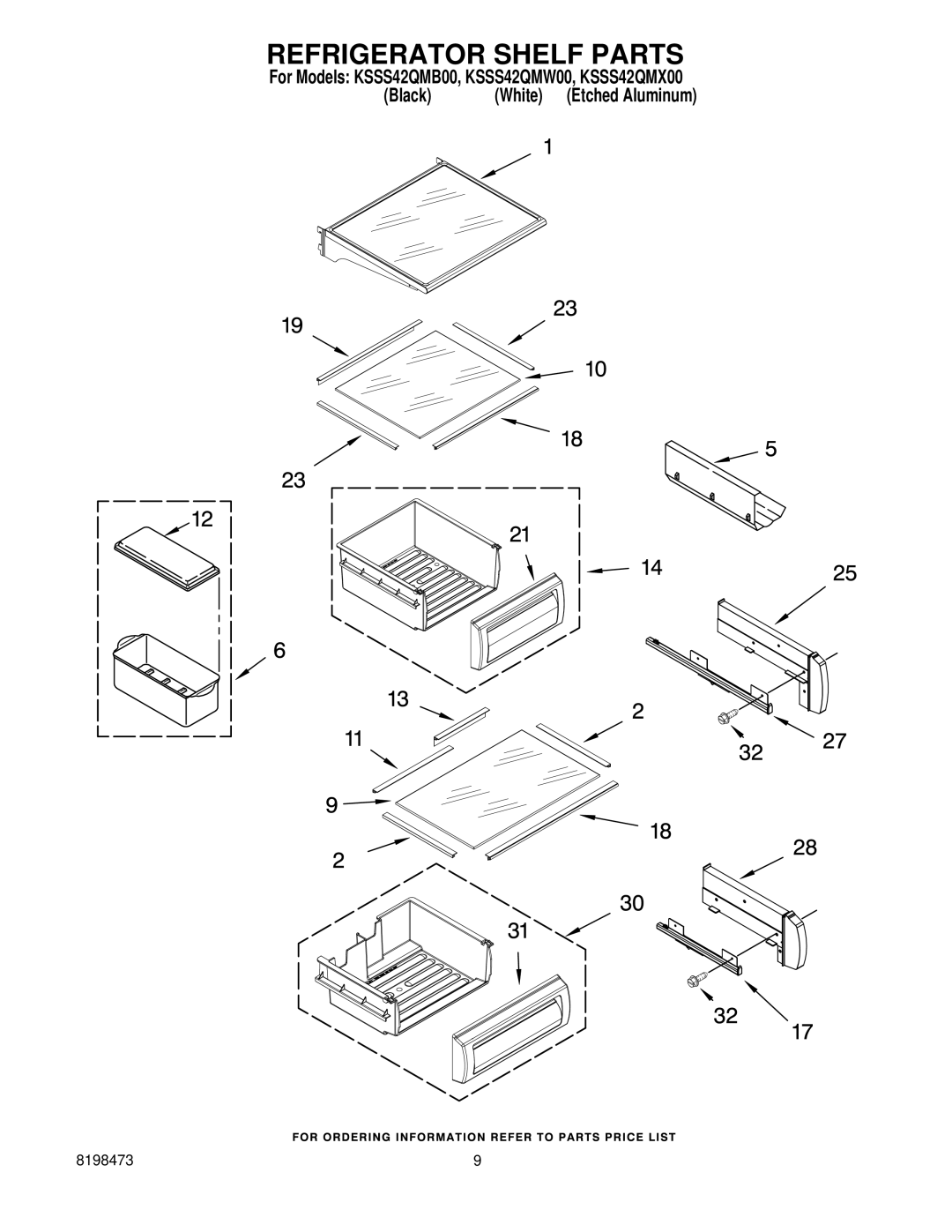 KitchenAid KSSS42QMW00, KSSS42QMB00, KSSS42QMX00 manual Refrigerator Shelf Parts 