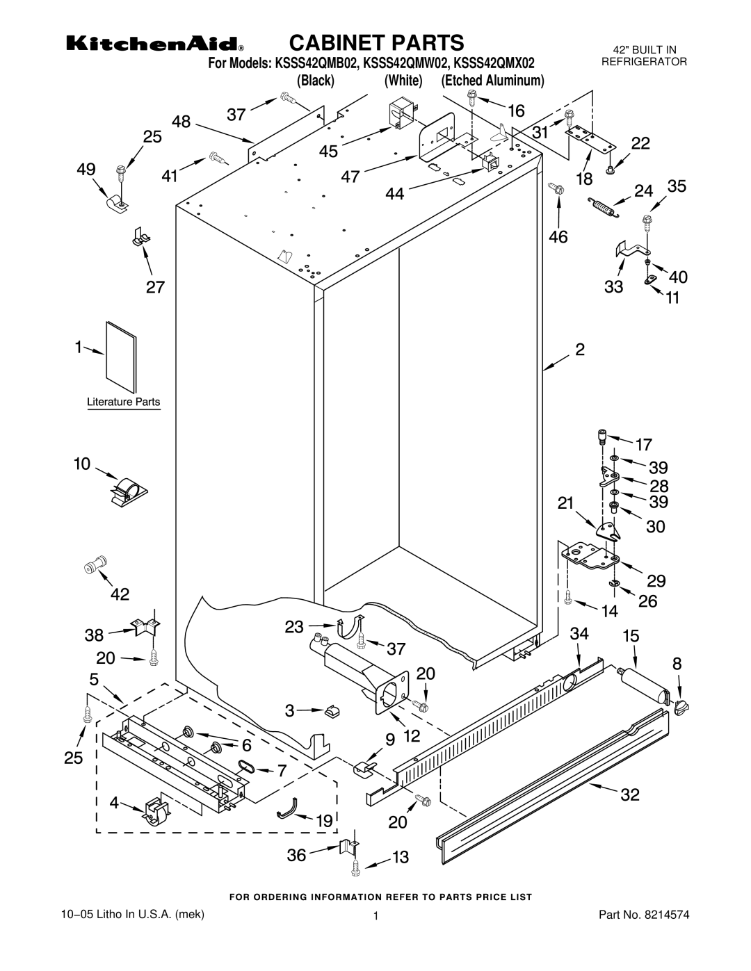 KitchenAid KSSS42QMB02, KSSS42QMX02, KSSS42QMW02 manual Cabinet Parts 