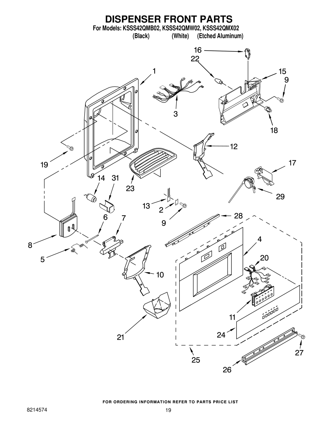 KitchenAid KSSS42QMB02, KSSS42QMX02, KSSS42QMW02 manual Dispenser Front Parts 