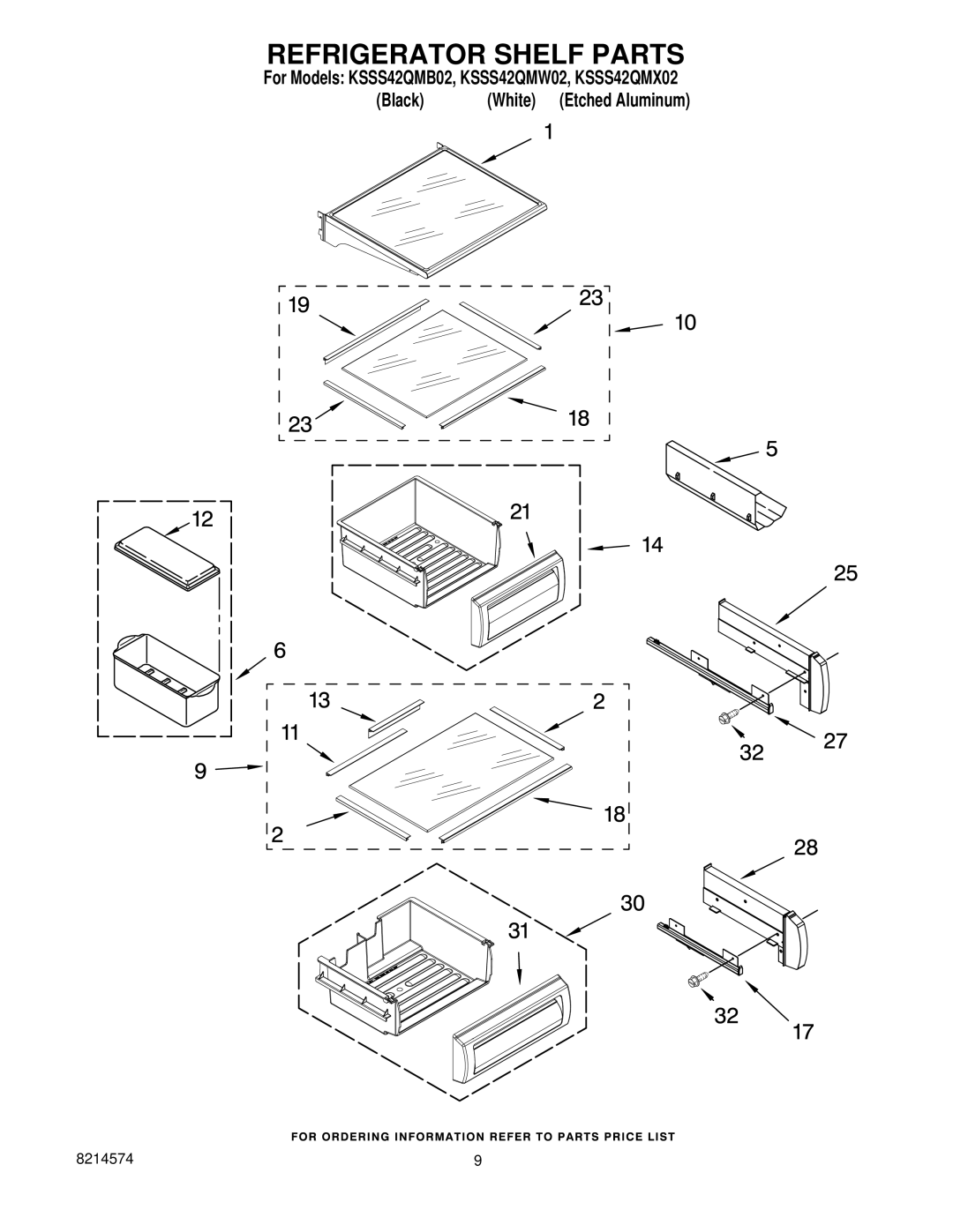 KitchenAid KSSS42QMX02, KSSS42QMB02, KSSS42QMW02 manual Refrigerator Shelf Parts 