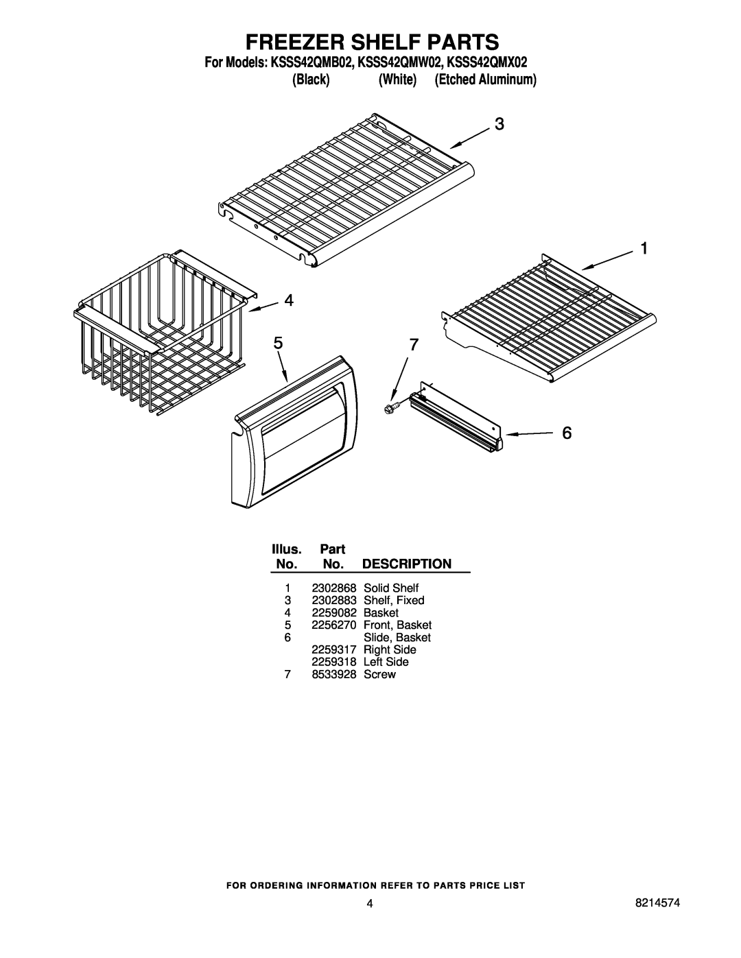 KitchenAid manual Freezer Shelf Parts, For Models KSSS42QMB02, KSSS42QMW02, KSSS42QMX02, Black, White Etched Aluminum 