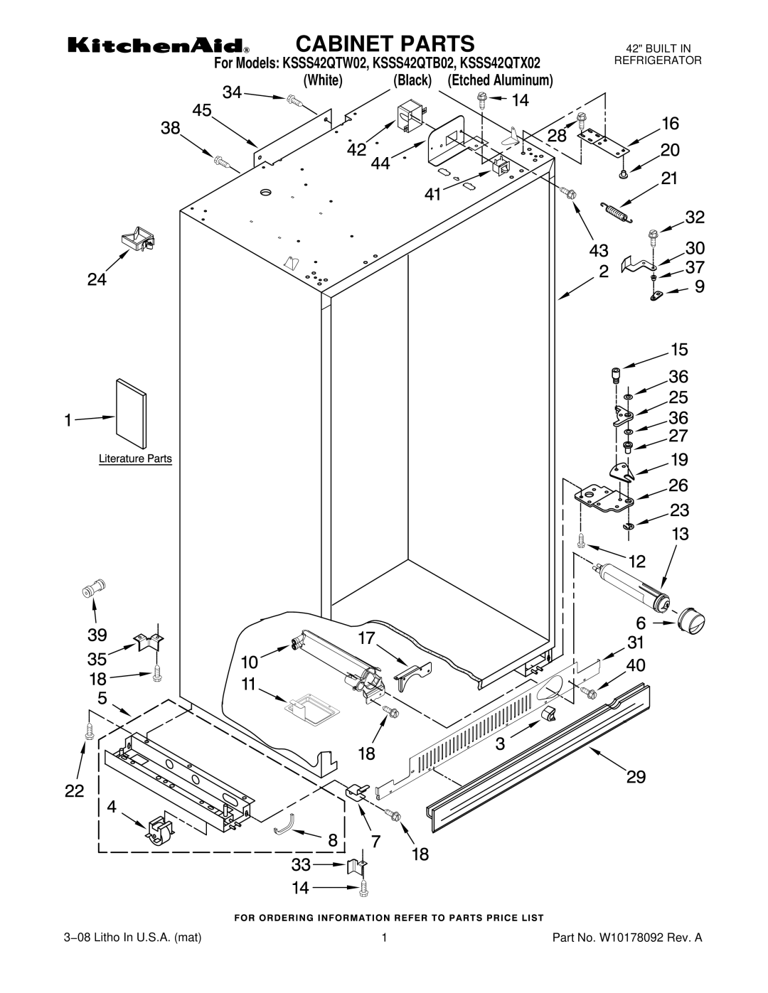 KitchenAid KSSS42QTB02, KSSS42QTW02, KSSS42QTX02 manual Cabinet Parts 