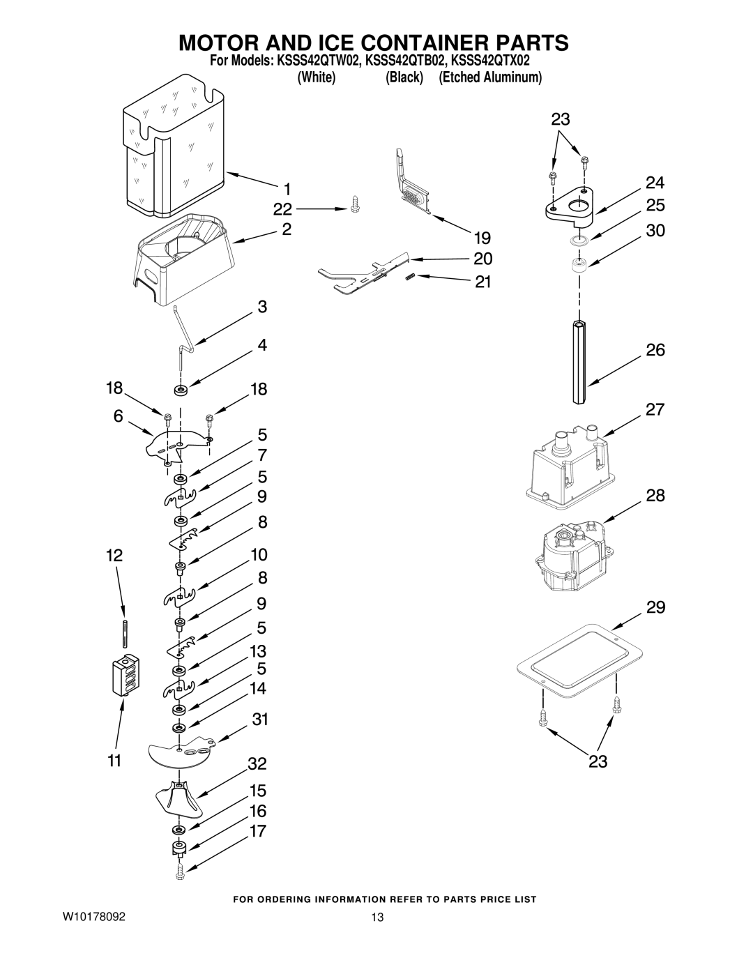 KitchenAid KSSS42QTB02, KSSS42QTW02, KSSS42QTX02 manual Motor and ICE Container Parts 