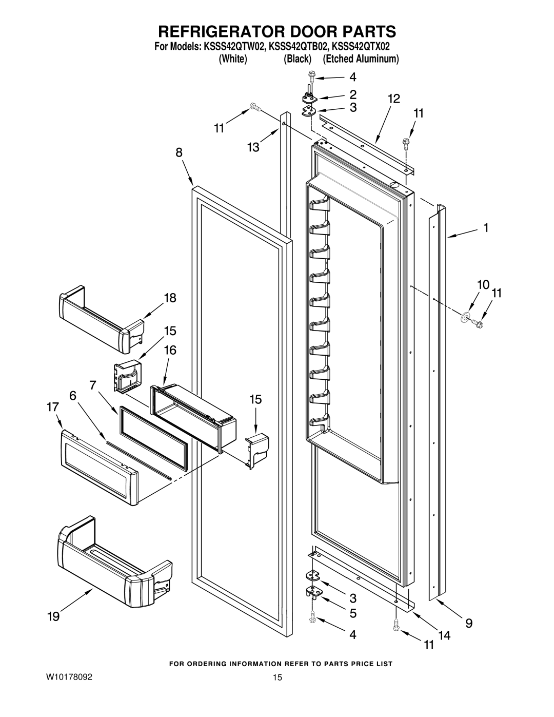 KitchenAid KSSS42QTW02, KSSS42QTB02, KSSS42QTX02 manual Refrigerator Door Parts 