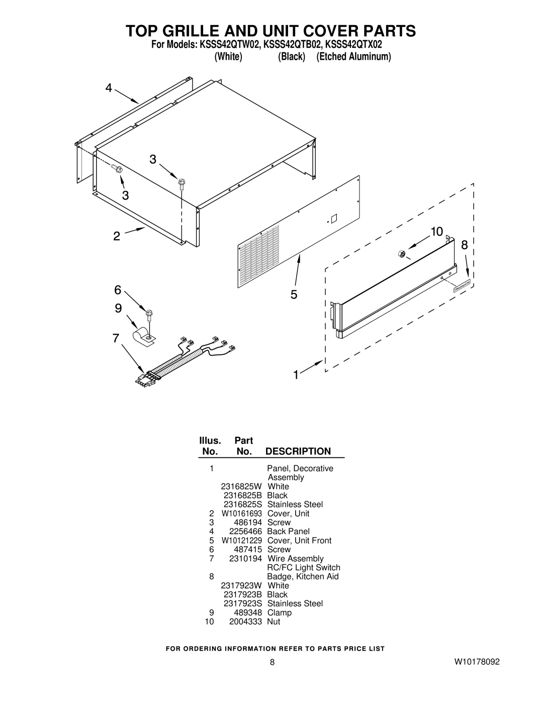 KitchenAid KSSS42QTX02, KSSS42QTW02, KSSS42QTB02 manual TOP Grille and Unit Cover Parts 