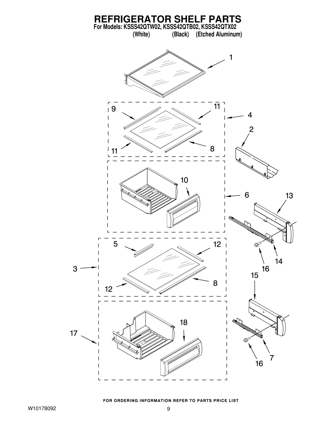 KitchenAid KSSS42QTW02, KSSS42QTB02, KSSS42QTX02 manual Refrigerator Shelf Parts 