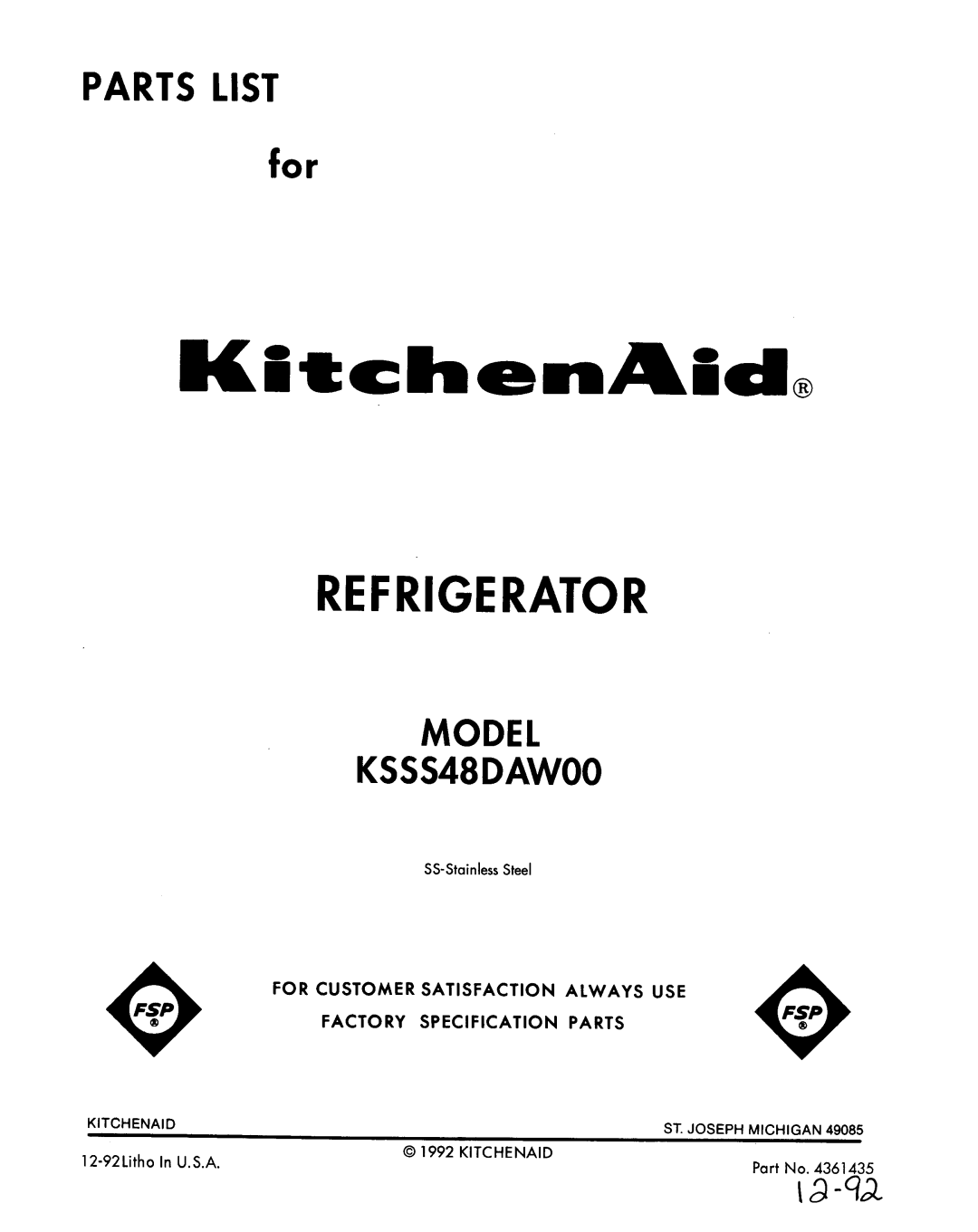 KitchenAid KSSS48DAW00 manual 