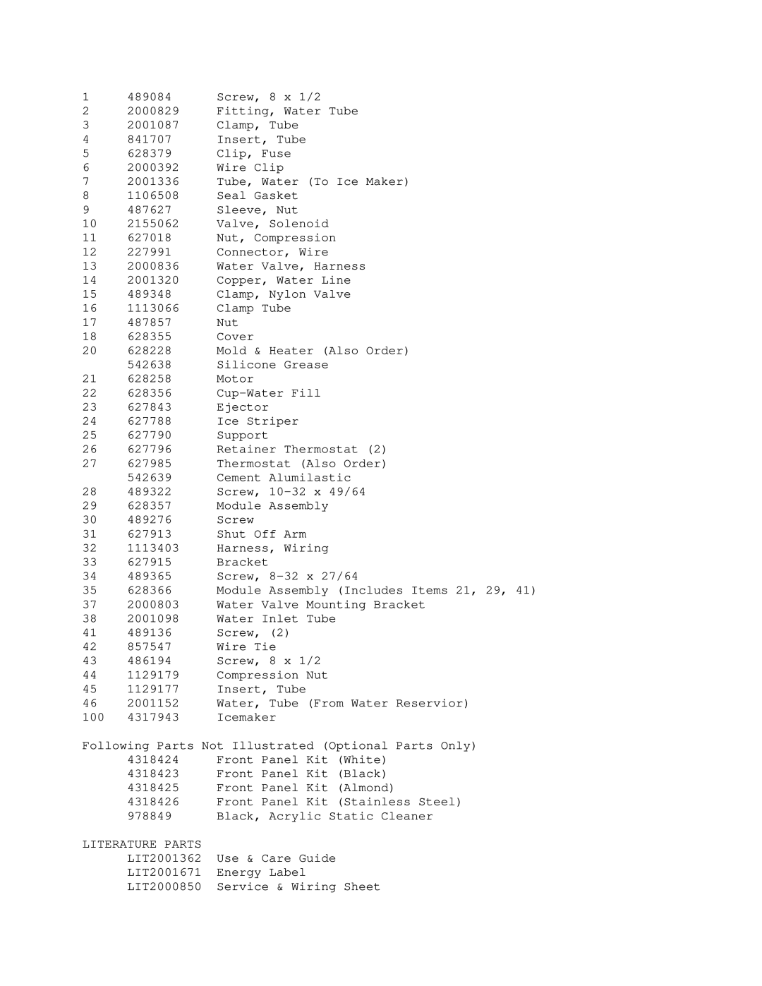 KitchenAid KSSS48DAX01 manual Literature Parts 