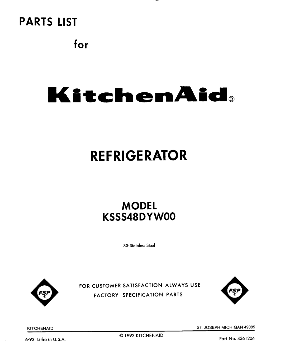 KitchenAid KSSS48DYW00 manual 