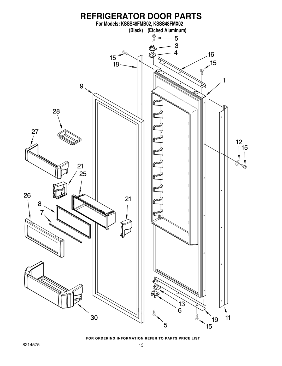 KitchenAid KSSS48FMX02, KSSS48FMB02 manual Refrigerator Door Parts 