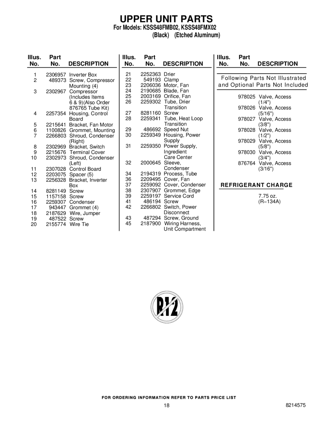 KitchenAid KSSS48FMB02, KSSS48FMX02 manual Upper Unit Parts 