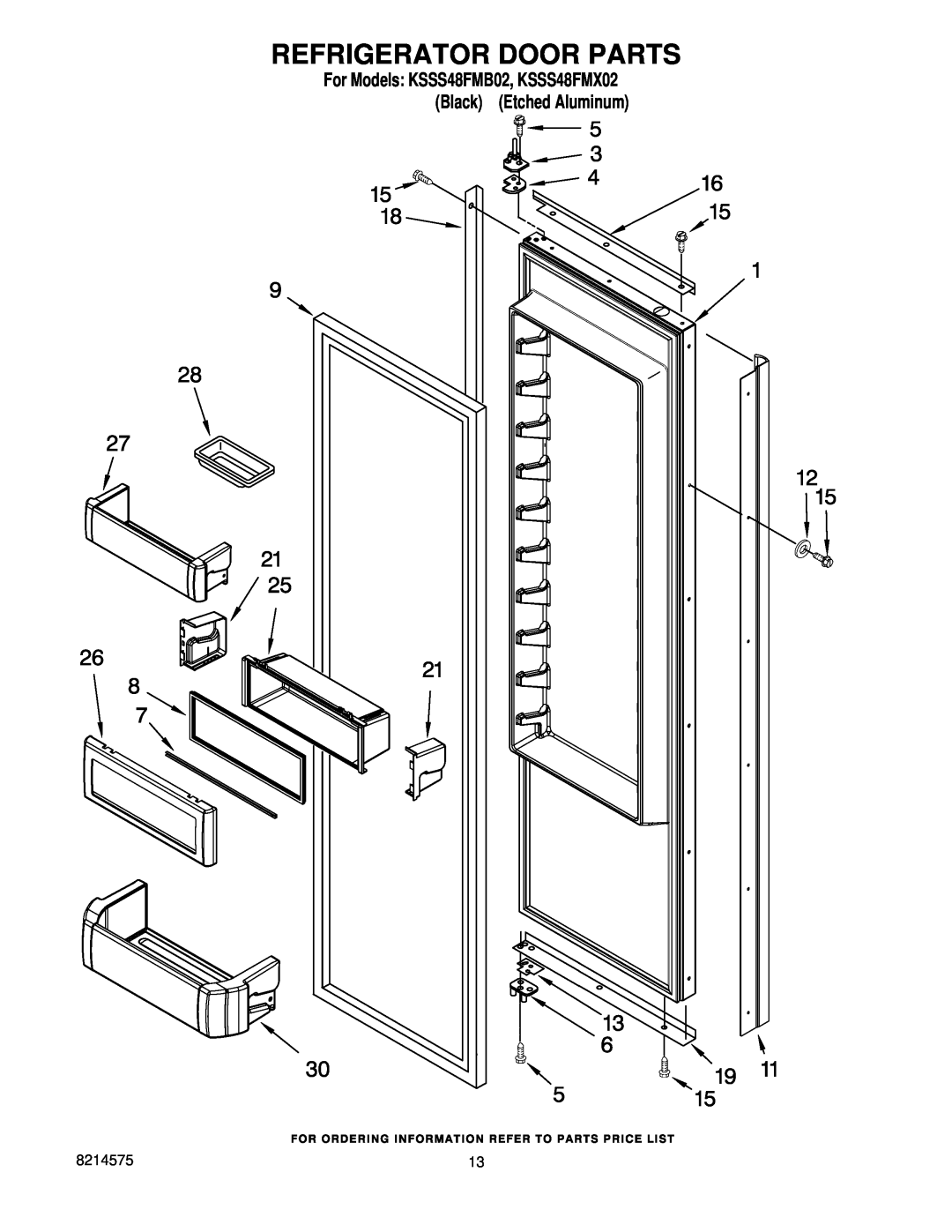 KitchenAid manual Refrigerator Door Parts, For Models KSSS48FMB02, KSSS48FMX02 Black Etched Aluminum 