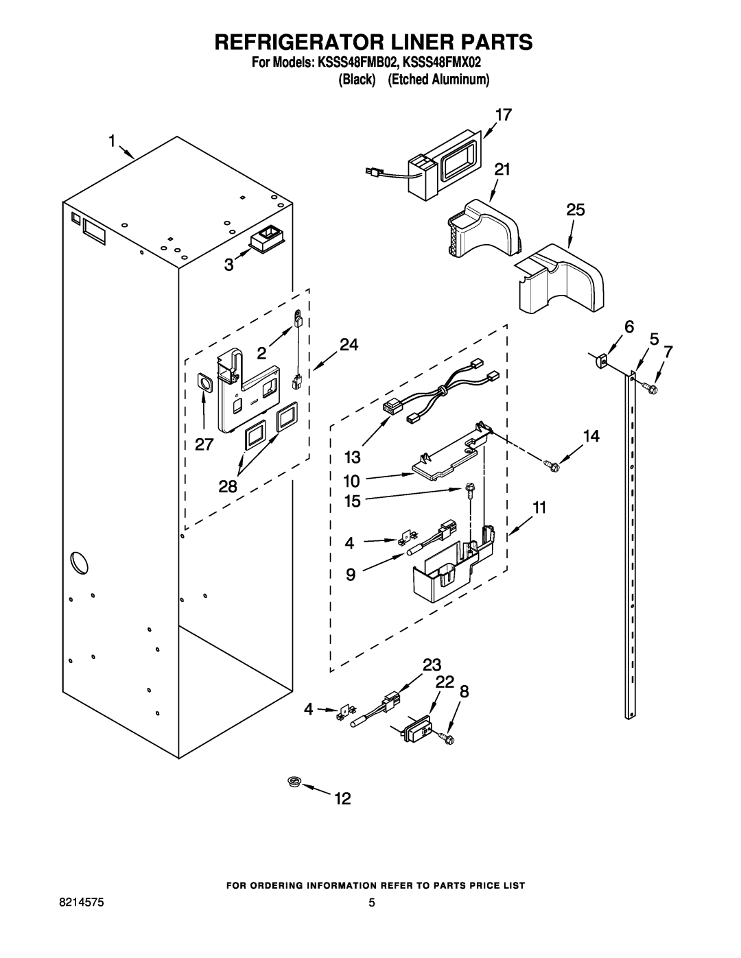 KitchenAid manual Refrigerator Liner Parts, For Models KSSS48FMB02, KSSS48FMX02 Black Etched Aluminum 