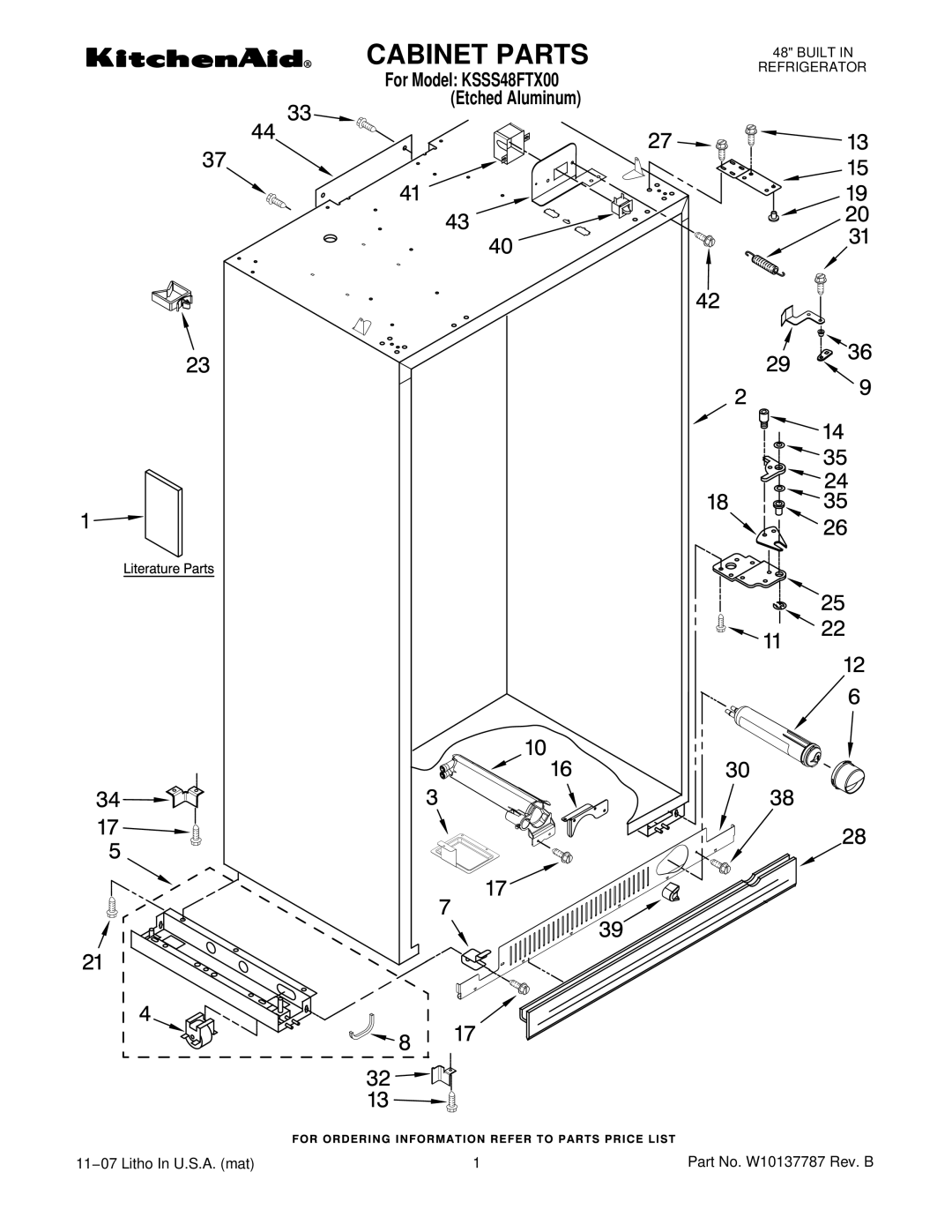 KitchenAid KSSS48FTX manual Cabinet Parts 