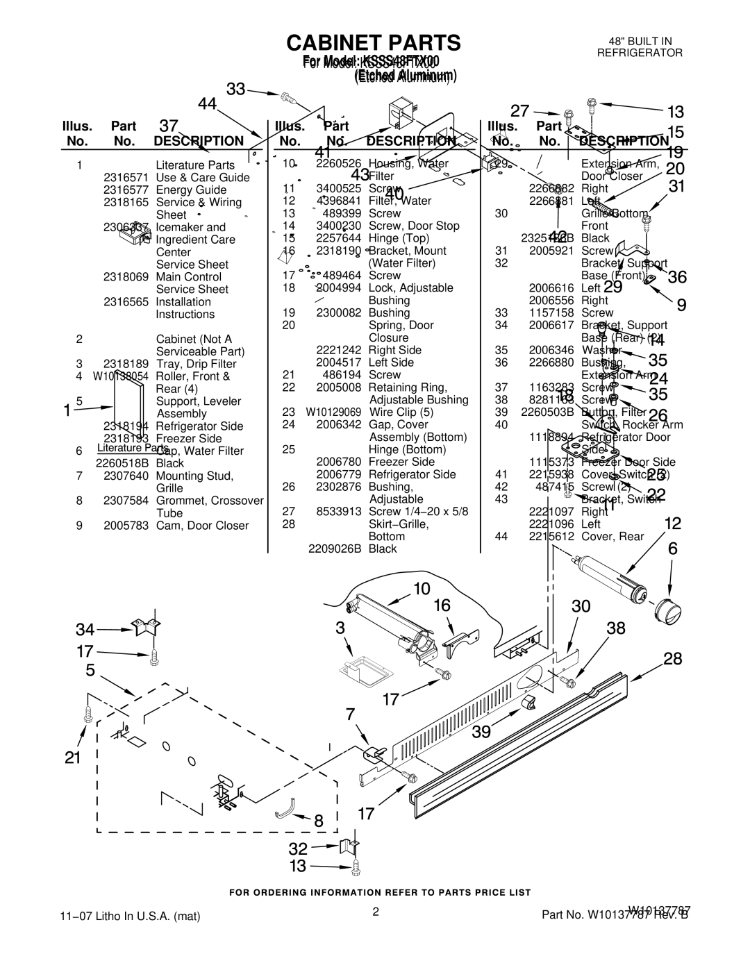 KitchenAid KSSS48FTX manual Cabinet Parts, Illus. Part No. No. Description 