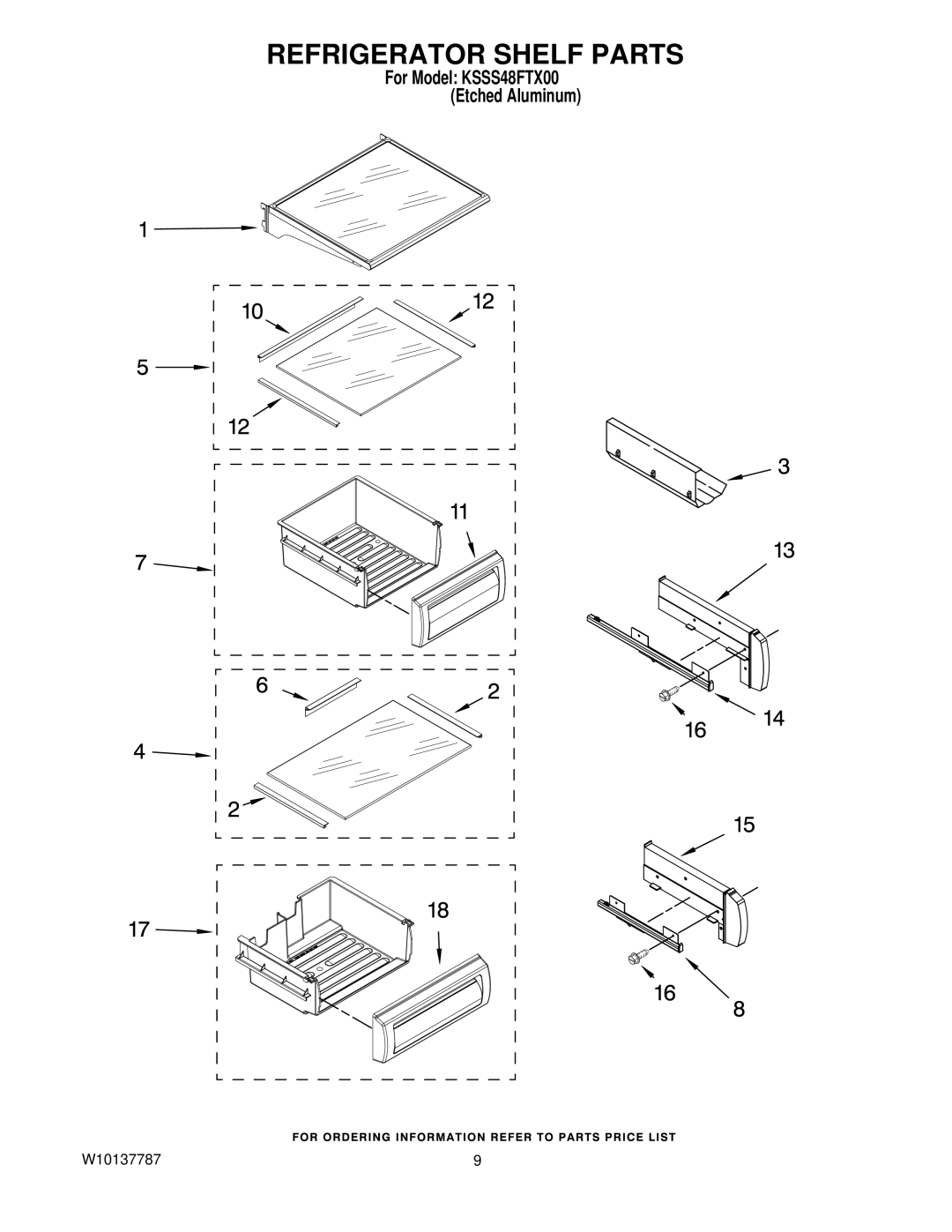 KitchenAid KSSS48FTX manual Refrigerator Shelf Parts 