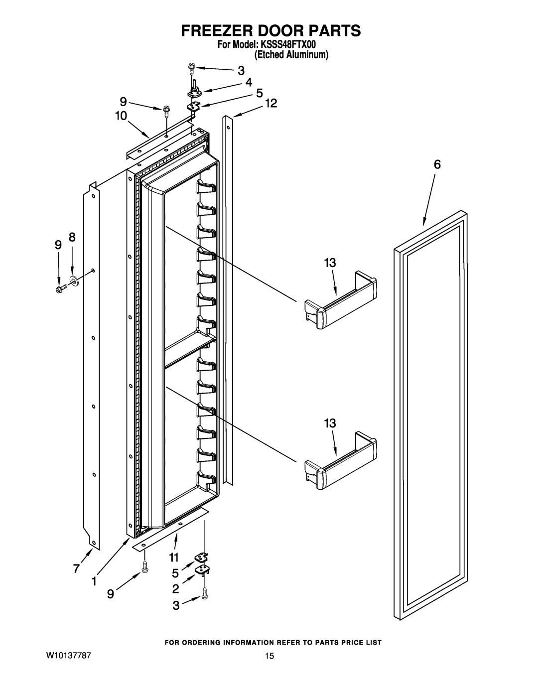 KitchenAid manual Freezer Door Parts, W10137787, For Model KSSS48FTX00 Etched Aluminum 
